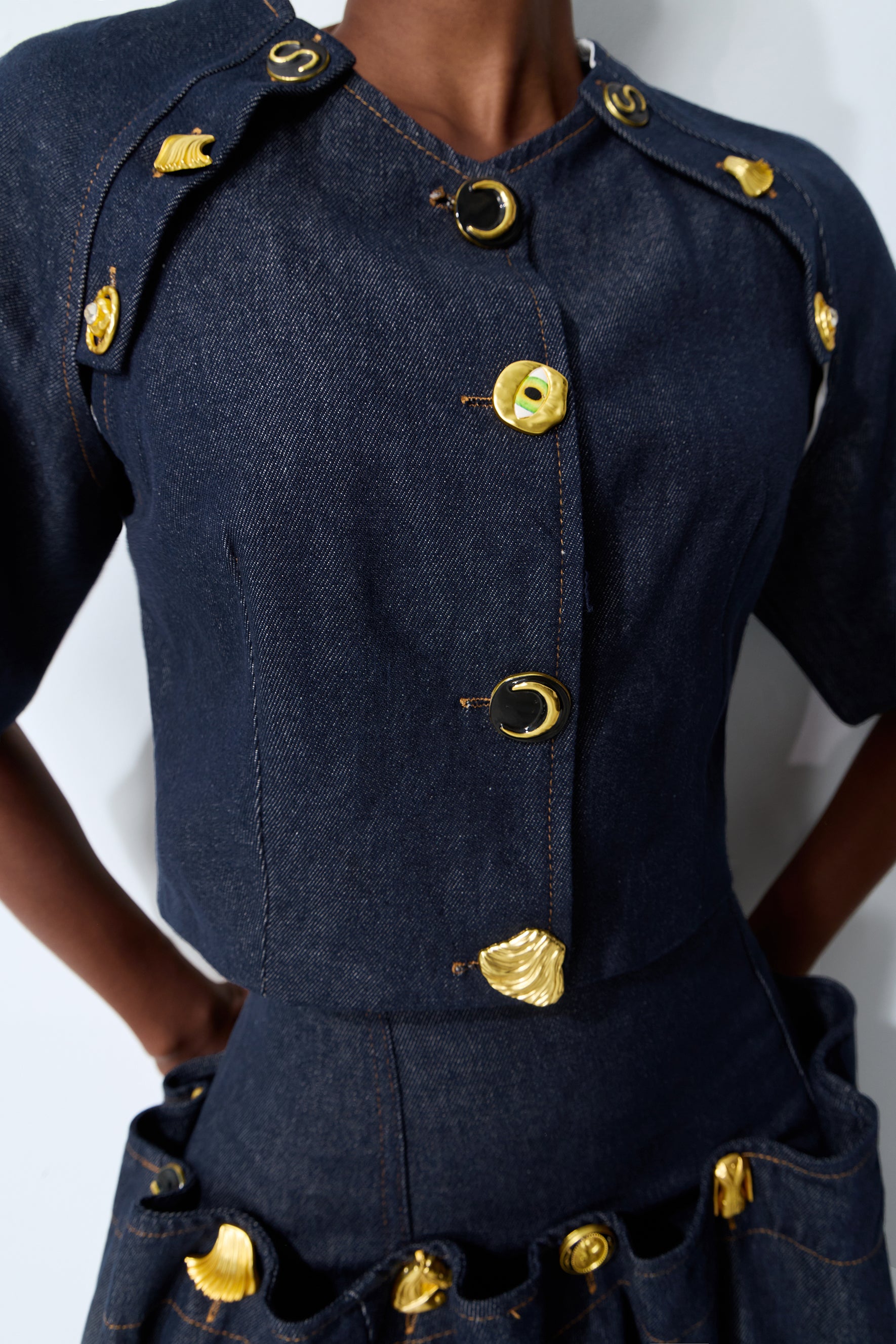 Living the Moment Blue Denim Gold Button Crop Top & Skirt Set