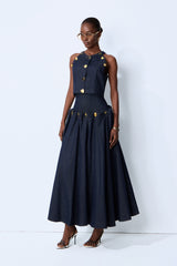 Living the Moment Blue Denim Gold Button Crop Top & Skirt Set