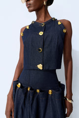 Living the Moment Blue Denim Gold Button Crop Top & Skirt Set