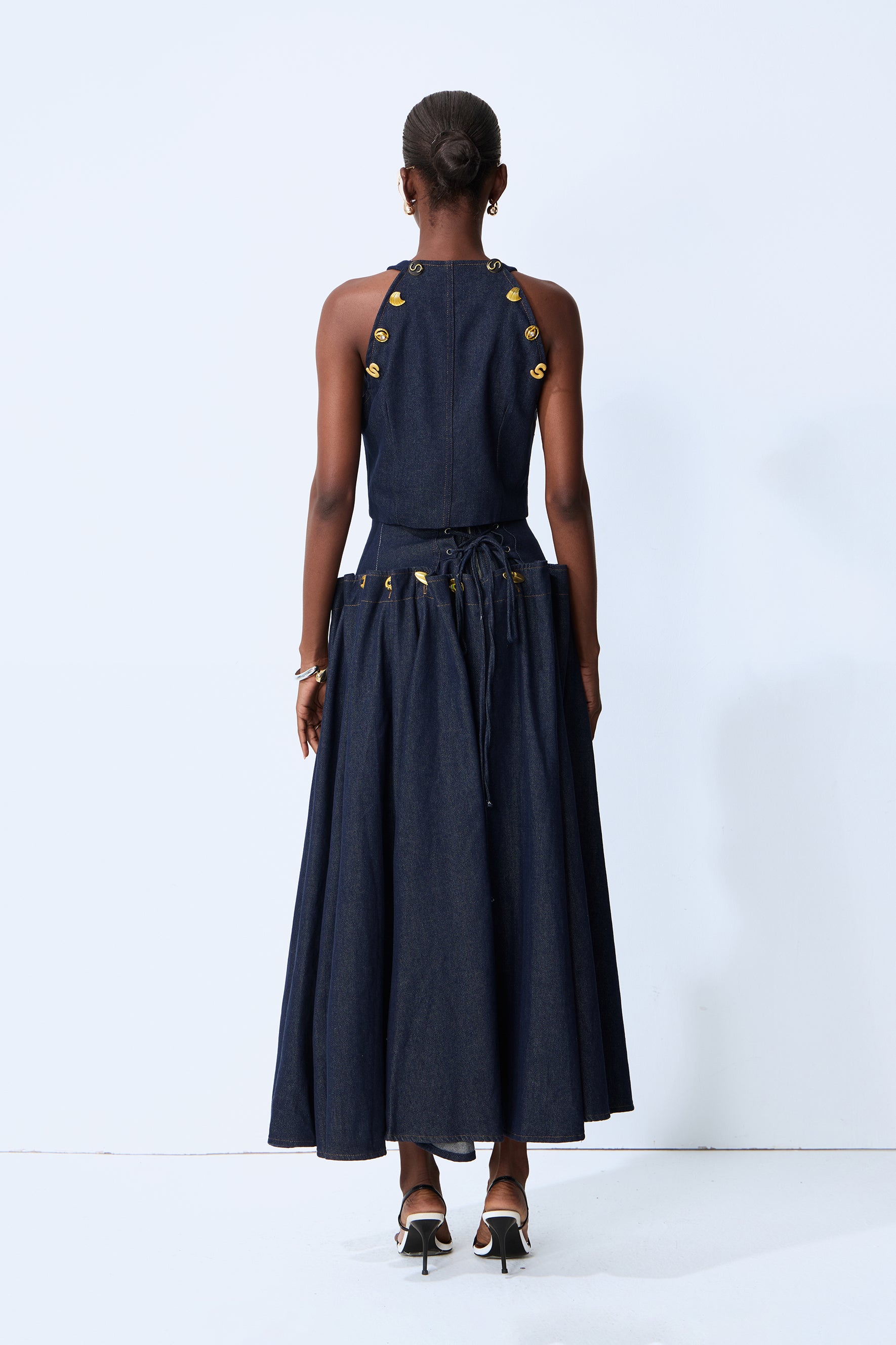 Living the Moment Blue Denim Gold Button Crop Top & Skirt Set