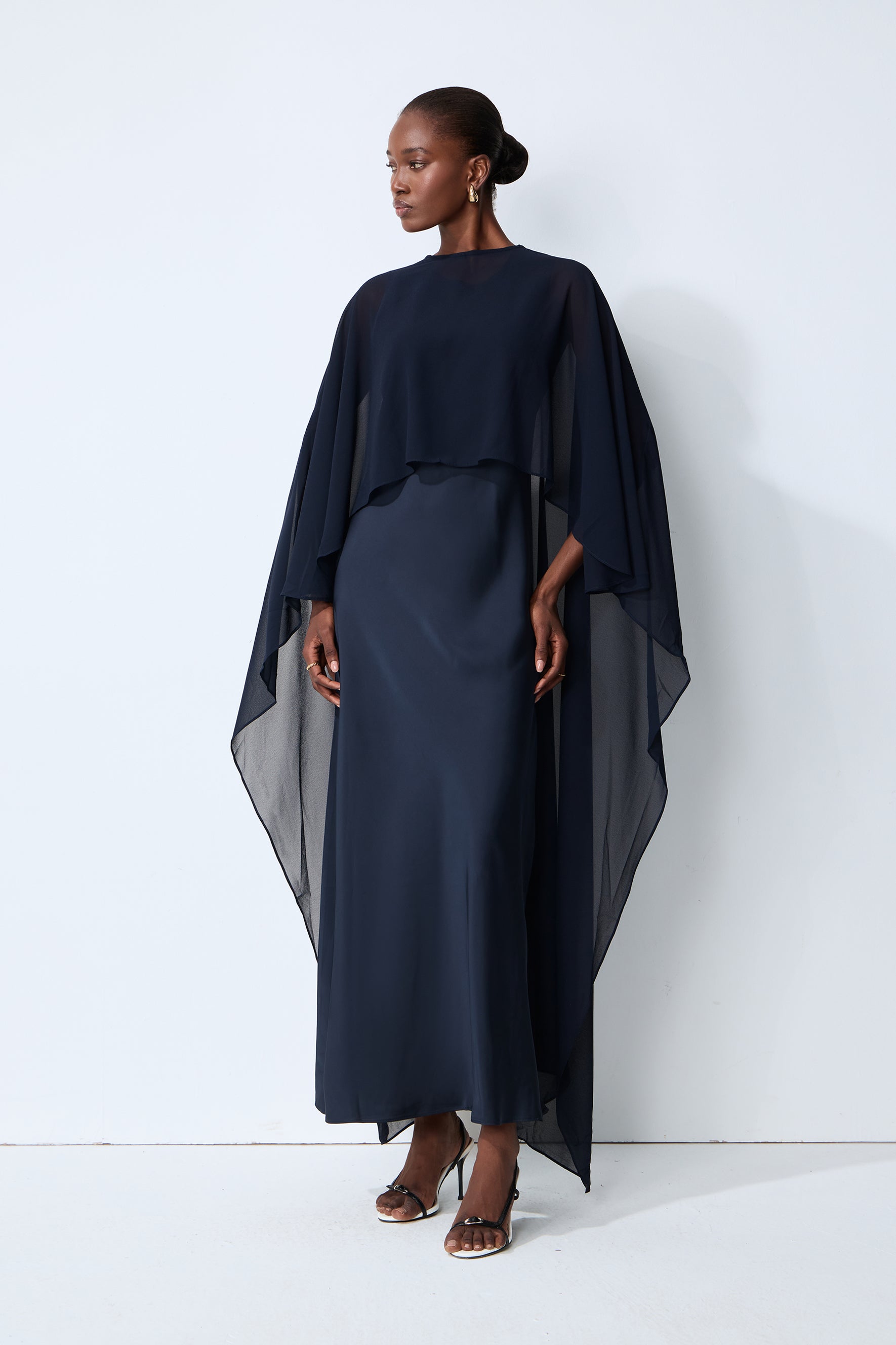Evening Whispers Blue Georgette Cape & Maxi Dress Set