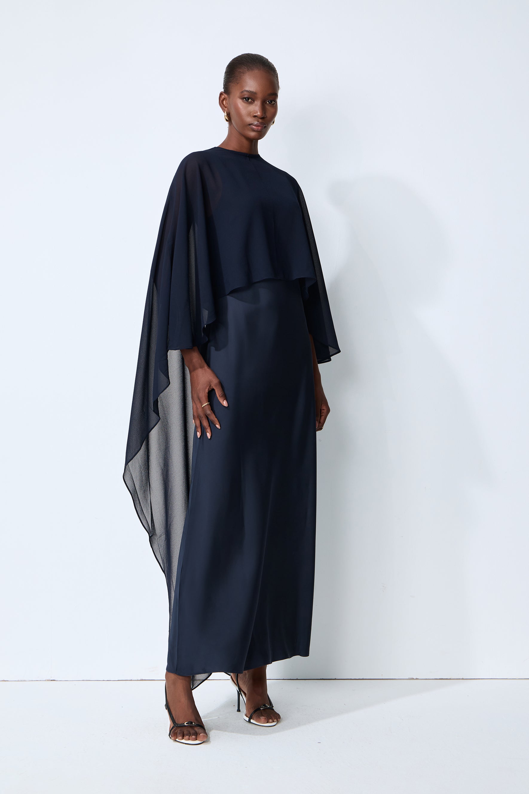 Evening Whispers Blue Georgette Cape & Maxi Dress Set