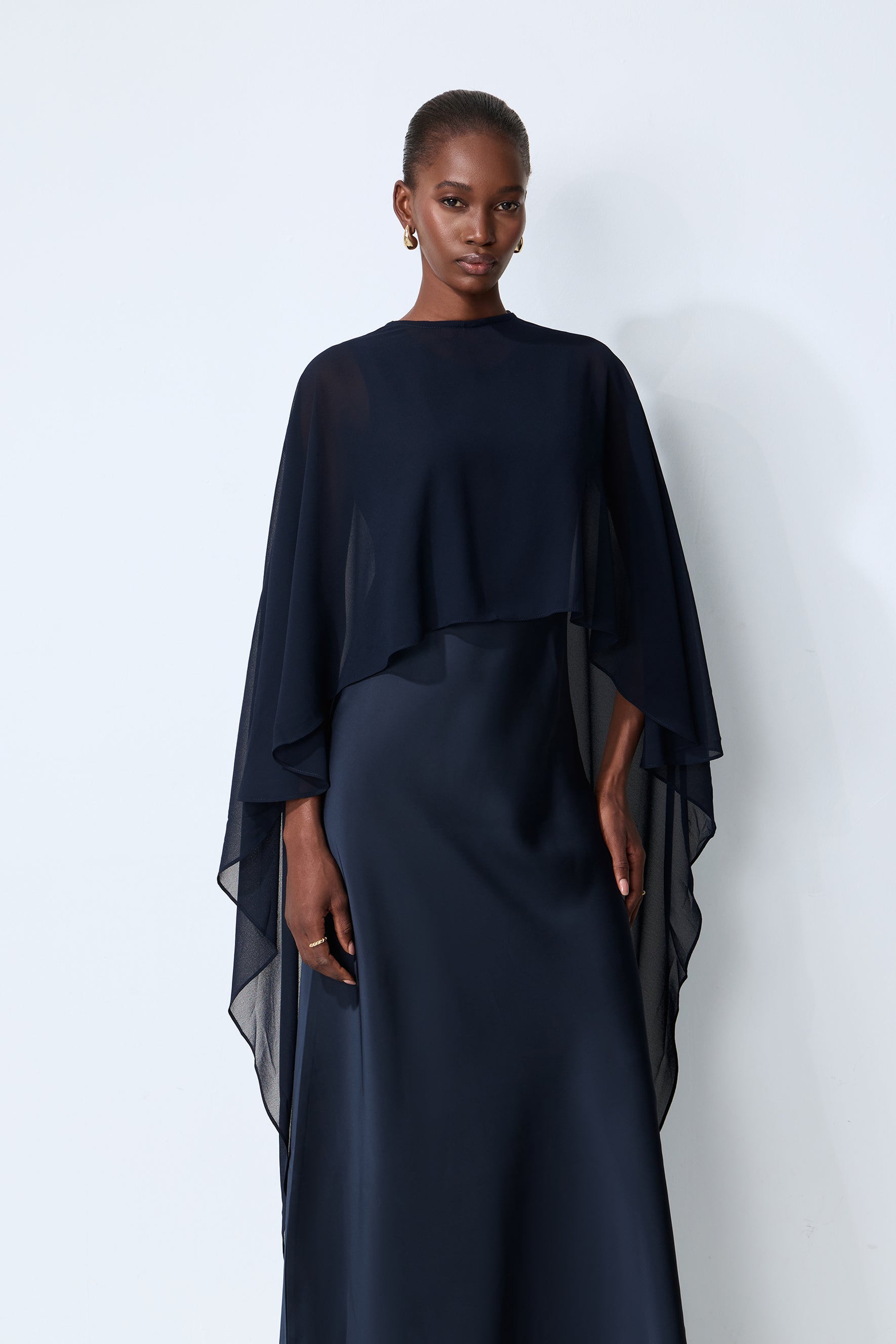 Evening Whispers Blue Georgette Cape & Maxi Dress Set