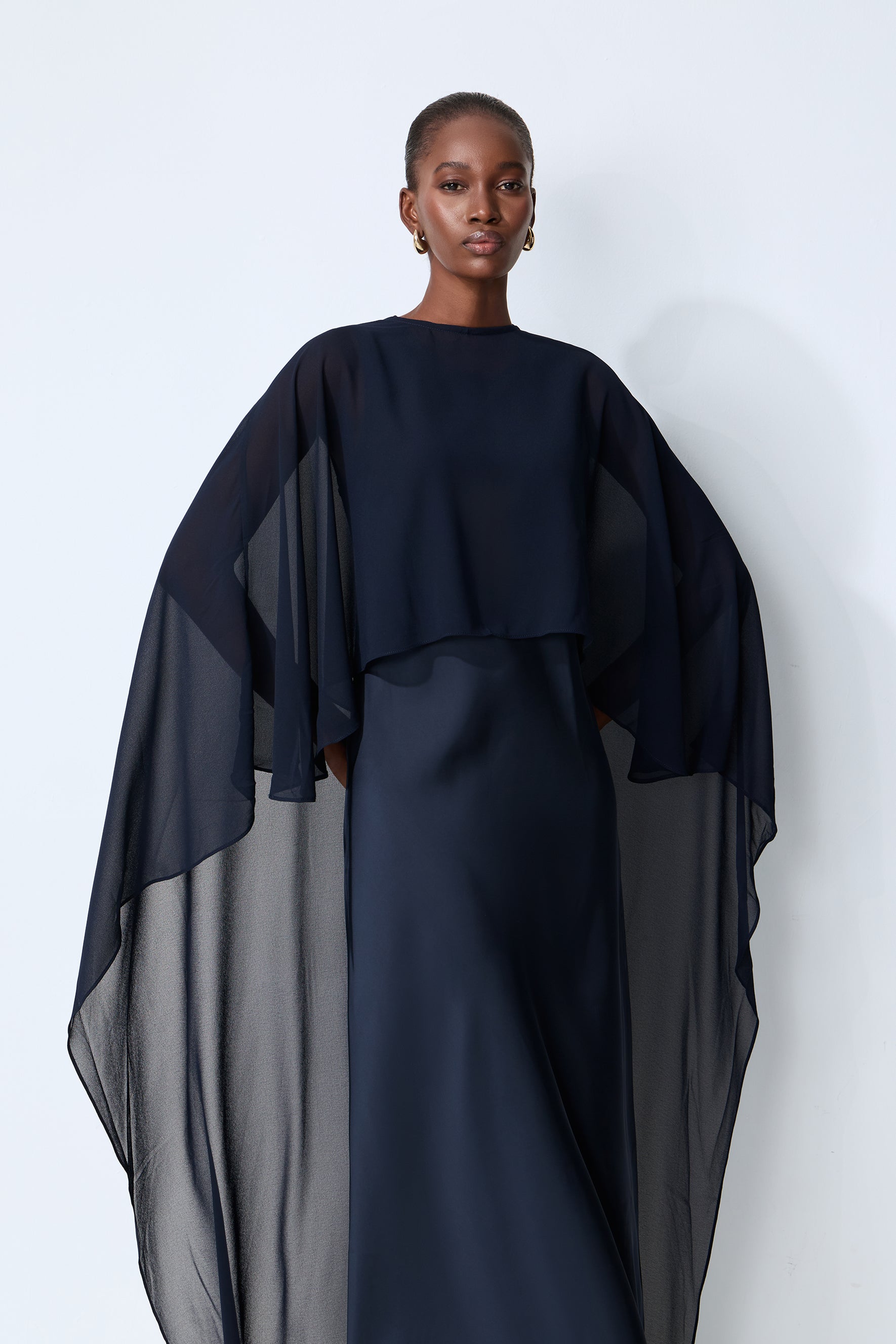 Evening Whispers Blue Georgette Cape & Maxi Dress Set