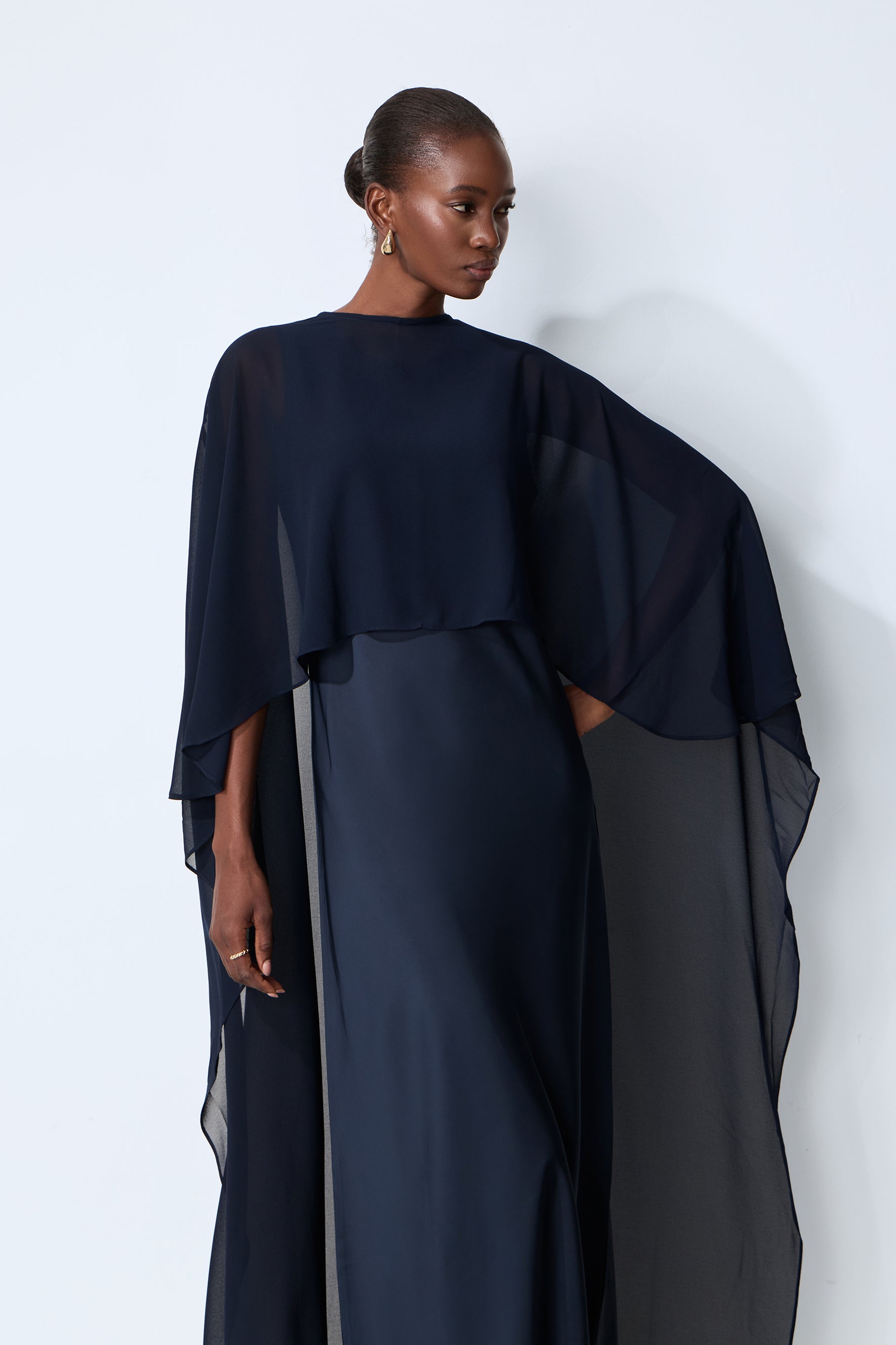 Evening Whispers Blue Georgette Cape & Maxi Dress Set