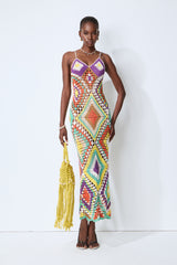 Sunkissed Shores Multi Crochet Geometric Spaghetti Strap Maxi Dress