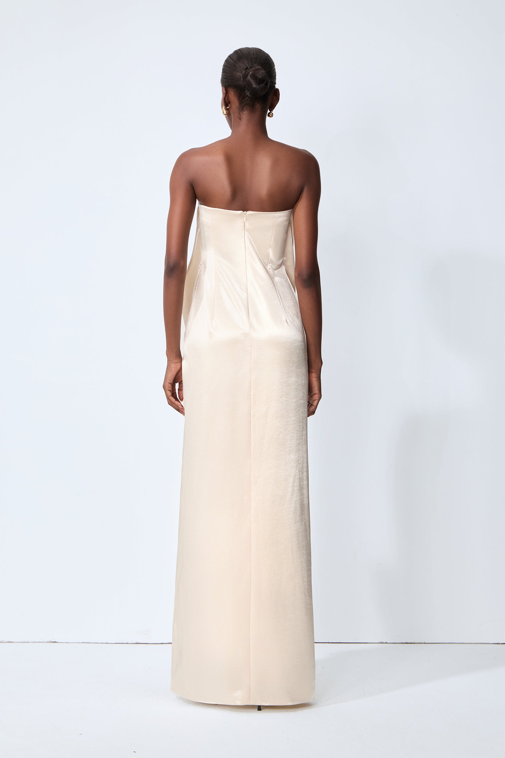 Favorite Style Champagne Beige Twist Front Slit Satin Maxi Dress