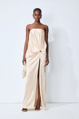 Favorite Style Champagne Beige Twist Front Slit Satin Maxi Dress