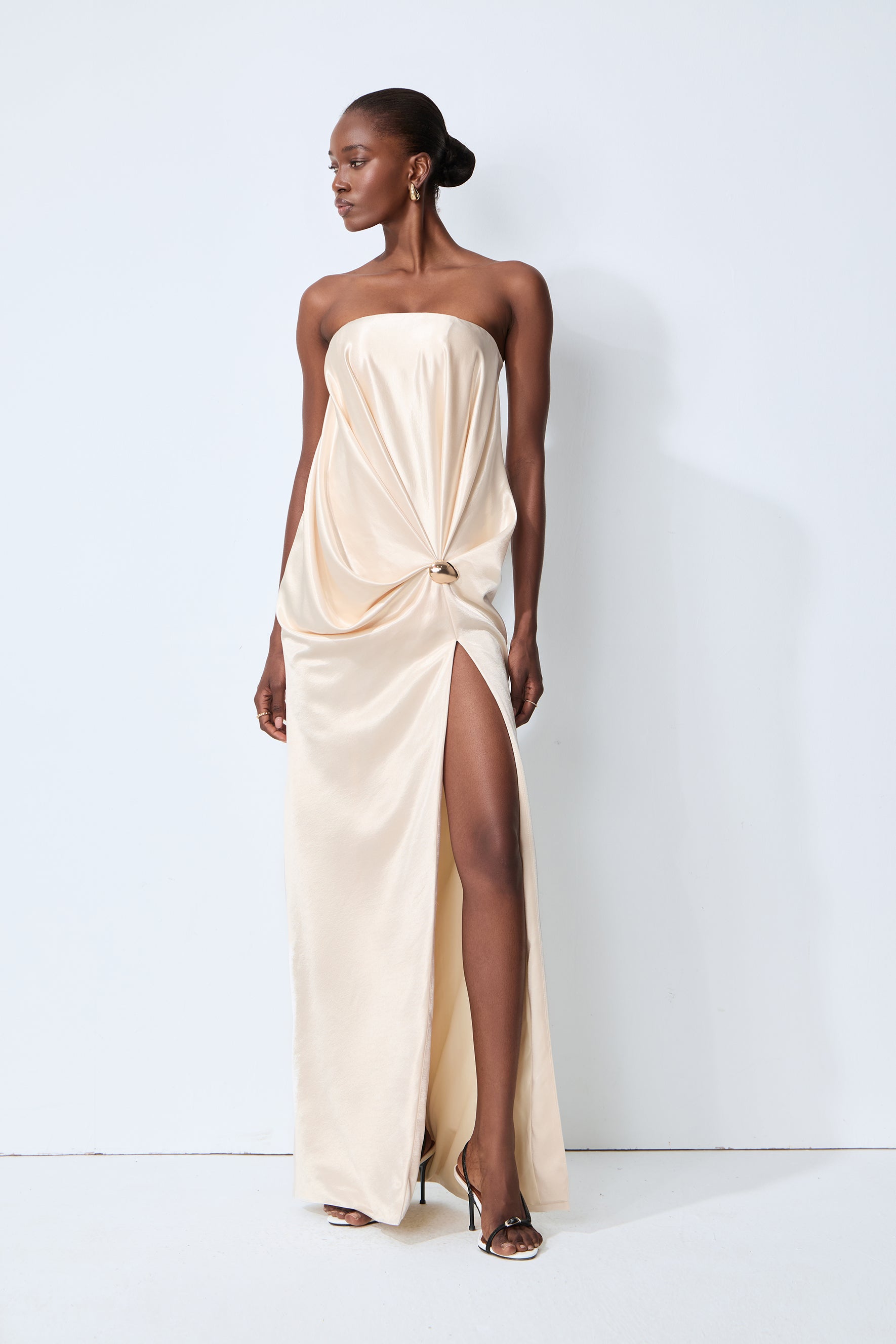 Favorite Style Champagne Beige Twist Front Slit Satin Maxi Dress