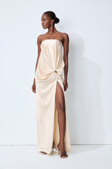 Favorite Style Champagne Beige Twist Front Slit Satin Maxi Dress