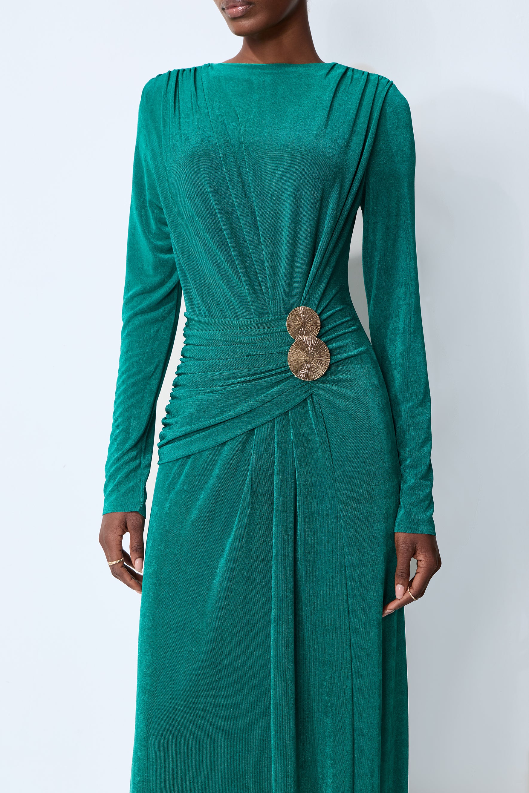 Serenade Me Green Long Sleeve Ruched Maxi Dress