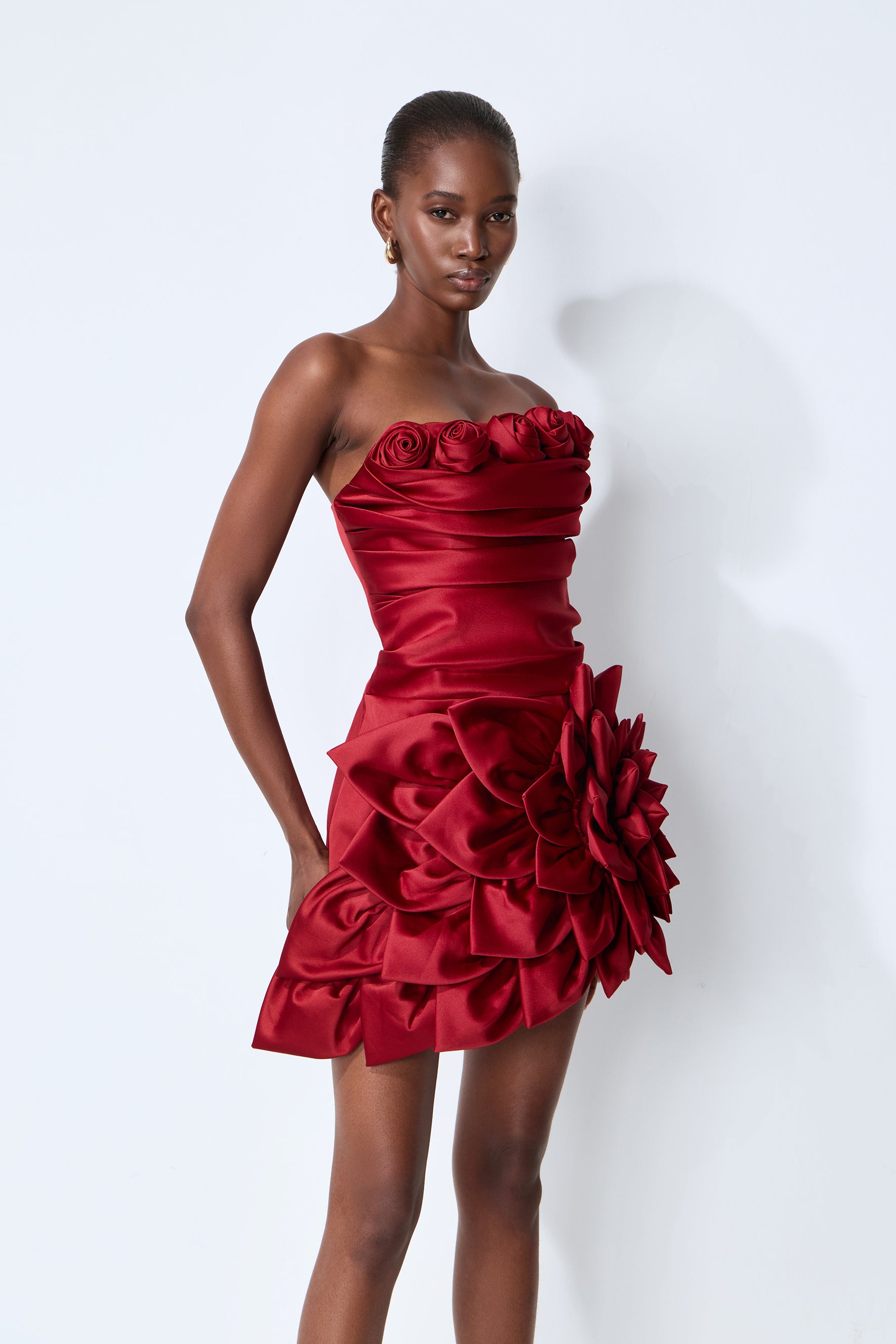 Best Part Of Me Red Rose Applique Strapless Satin Mini Dress