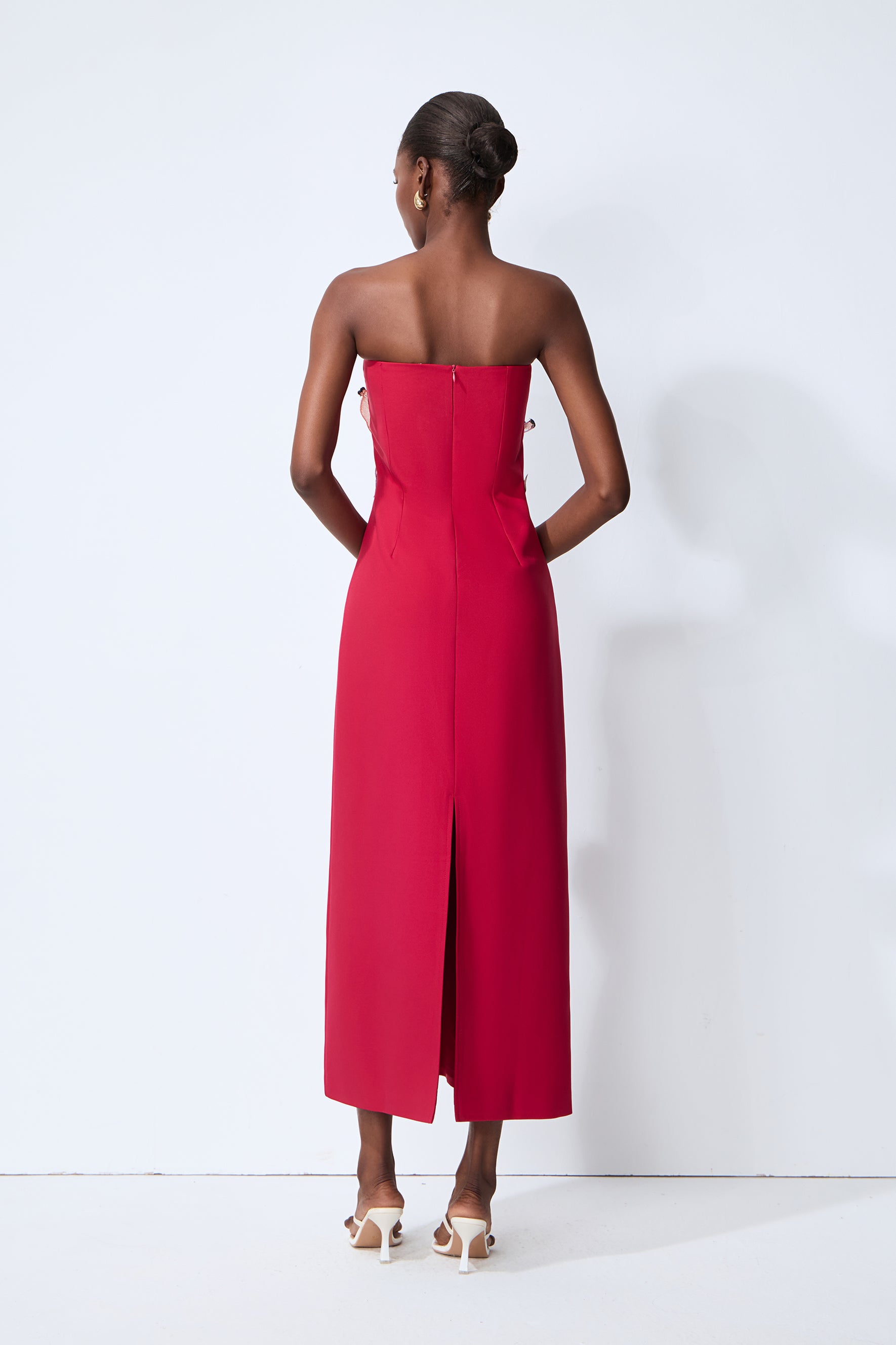 Lights Camera Action Hot Pink Floral Applique Strapless Slit Maxi Dress