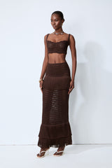 Sunlit Paradise Brown Crochet Knit Top & Fringe Skirt Set
