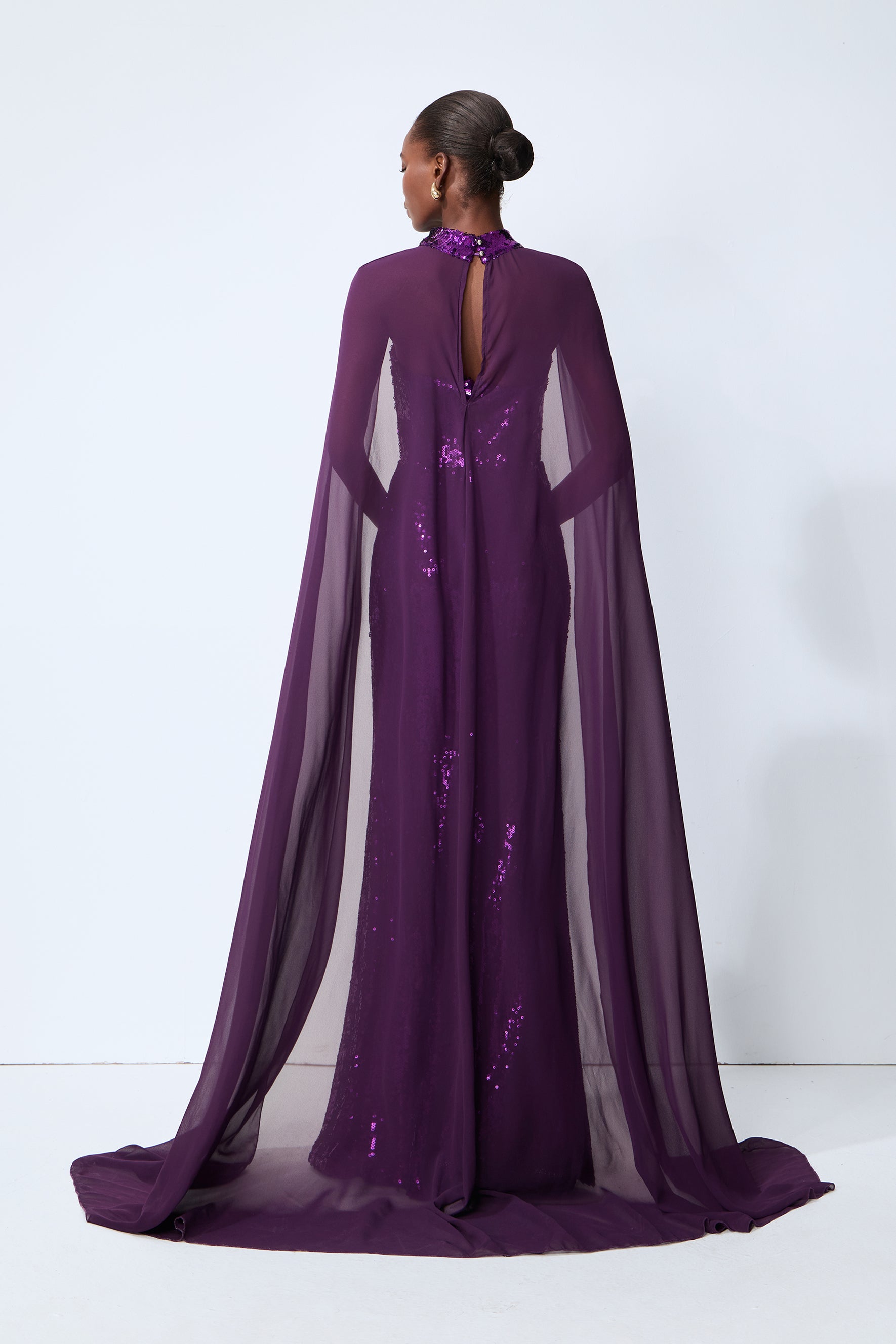 Night Sparkle Purple Sequin Capelet Maxi Dress