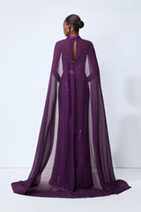 Night Sparkle Purple Sequin Capelet Maxi Dress