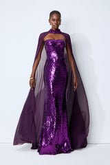 Night Sparkle Purple Sequin Capelet Maxi Dress