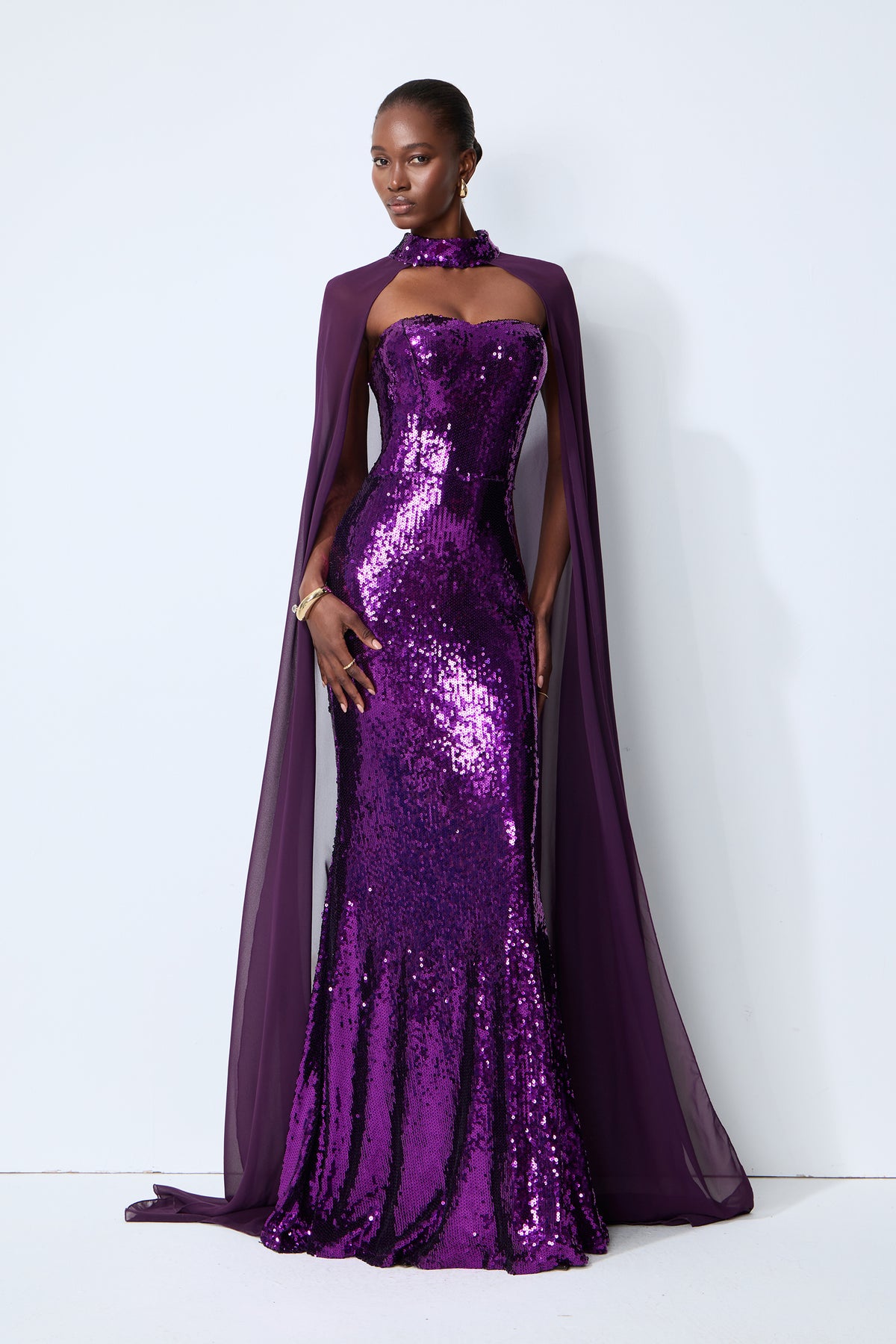 Night Sparkle Purple Sequin Capelet Maxi Dress