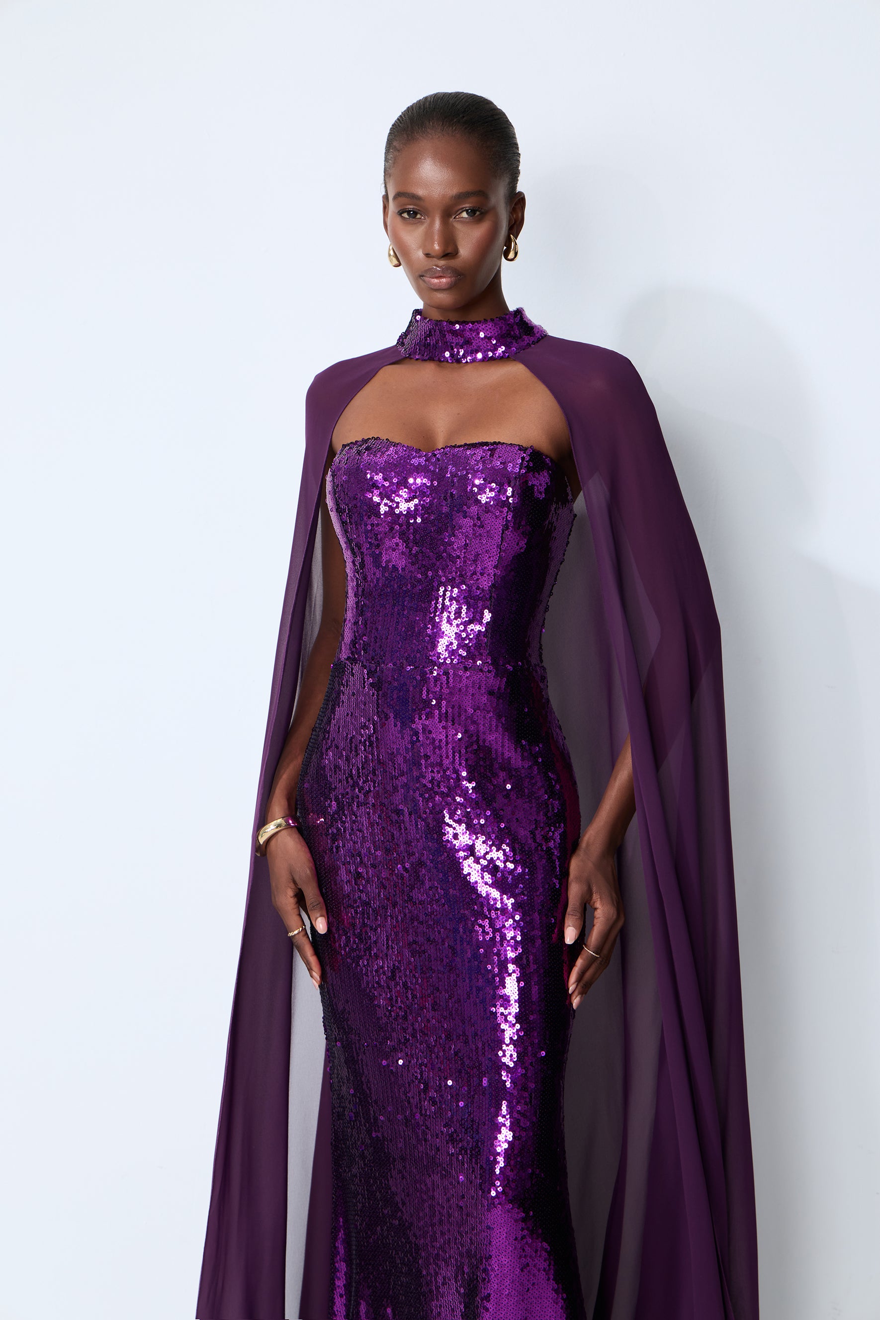 Night Sparkle Purple Sequin Capelet Maxi Dress