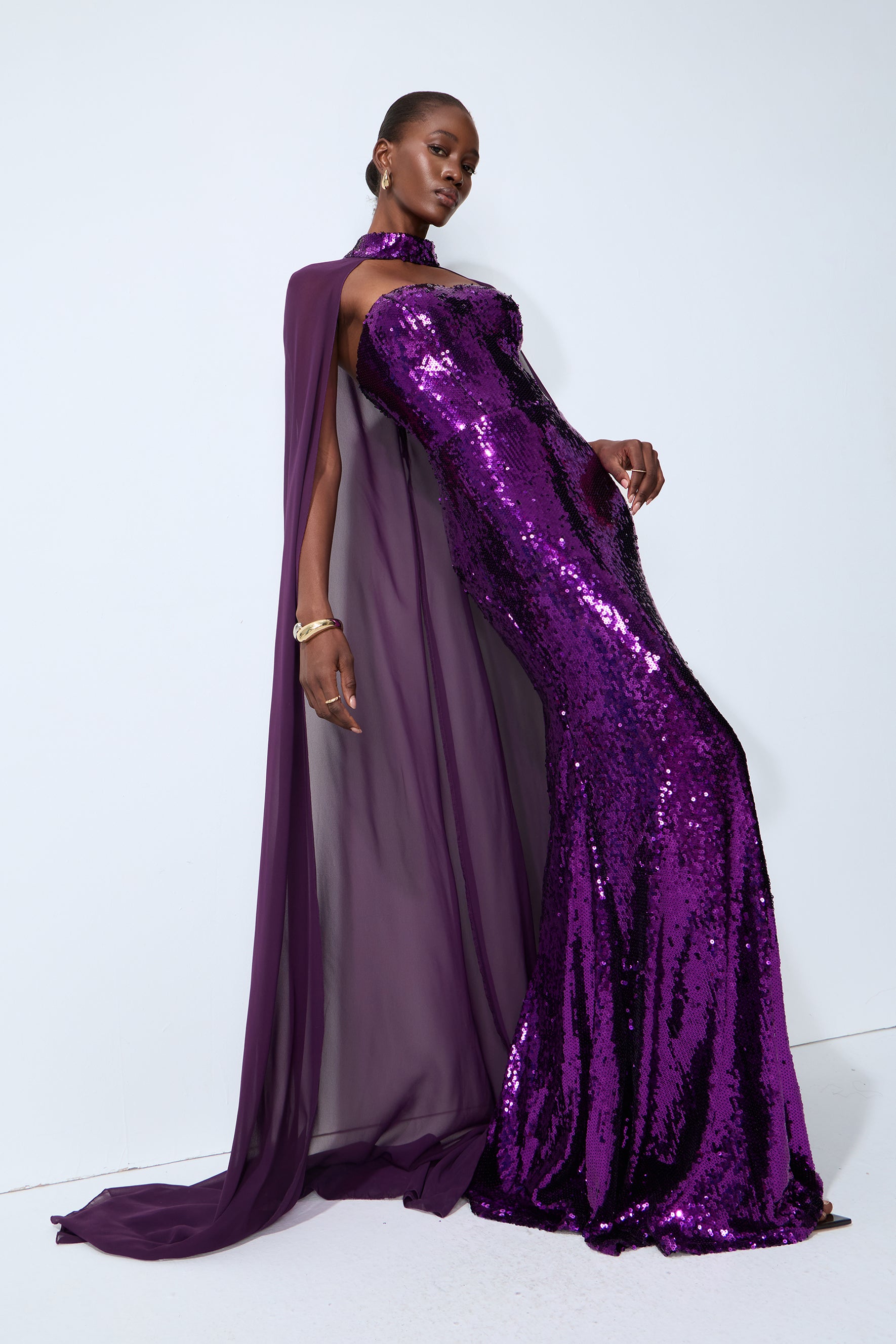 Night Sparkle Purple Sequin Capelet Maxi Dress
