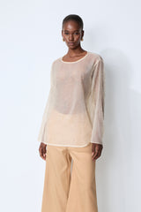 Meet In The City Beige Sheer Crystal Embellished Long Sleeve Top