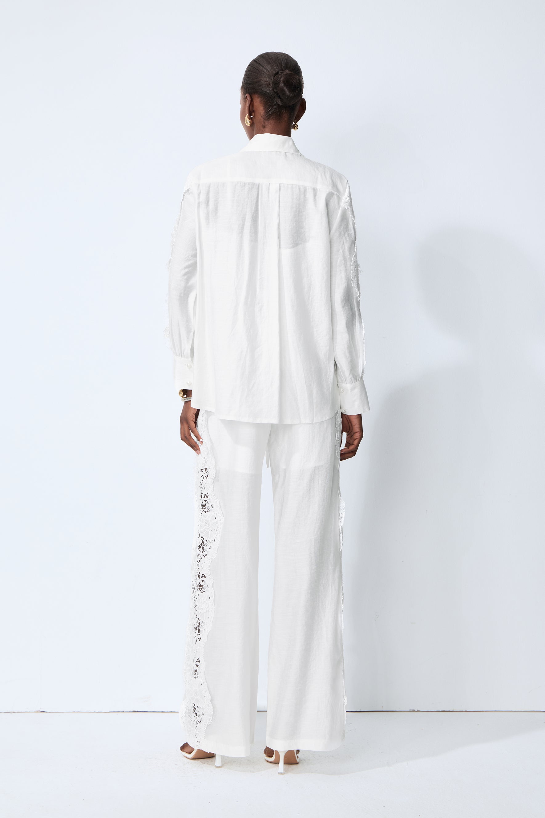 Life Goals White Lace Panel Shirt & Wide Leg Pants Set