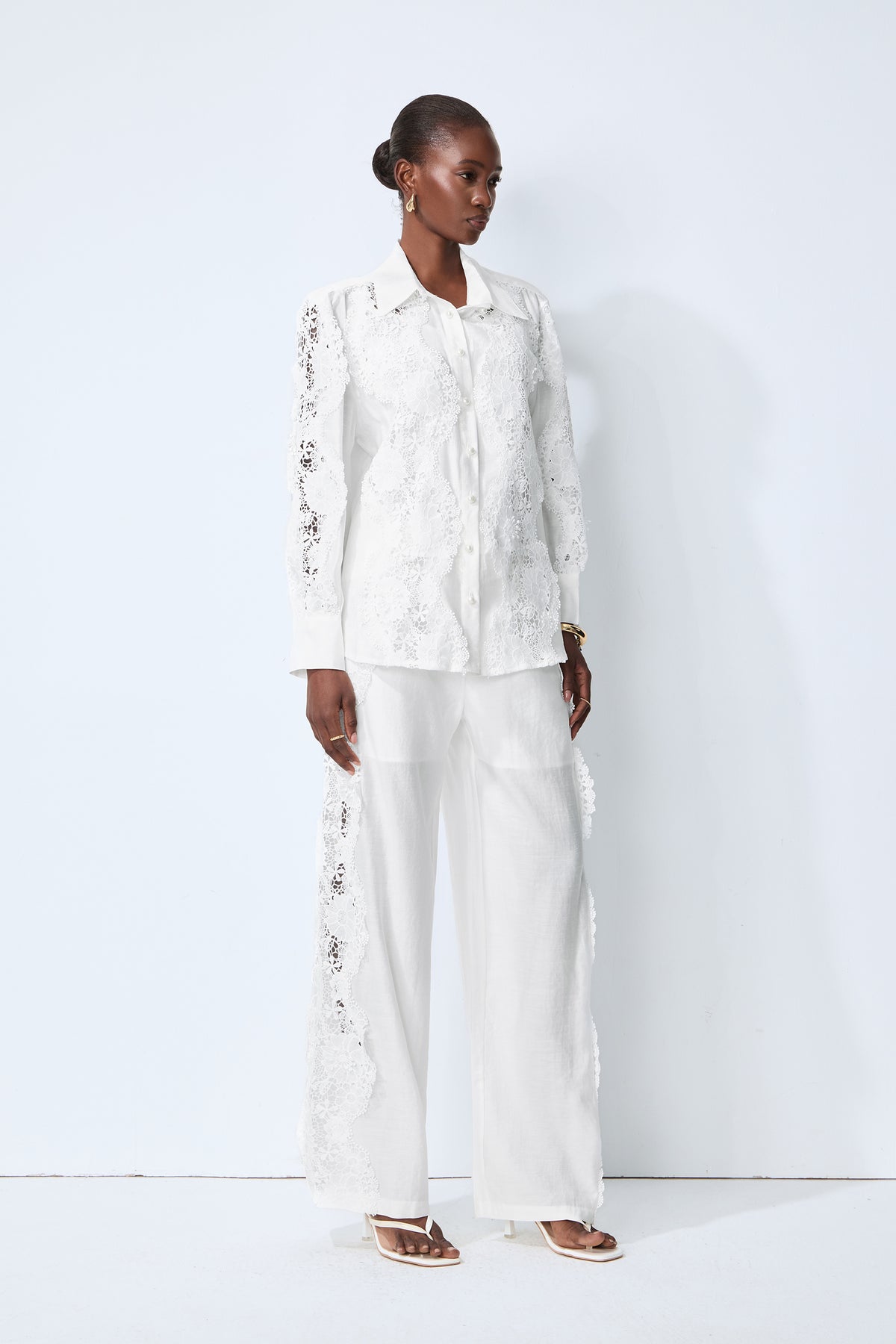 Life Goals White Lace Panel Shirt & Wide Leg Pants Set