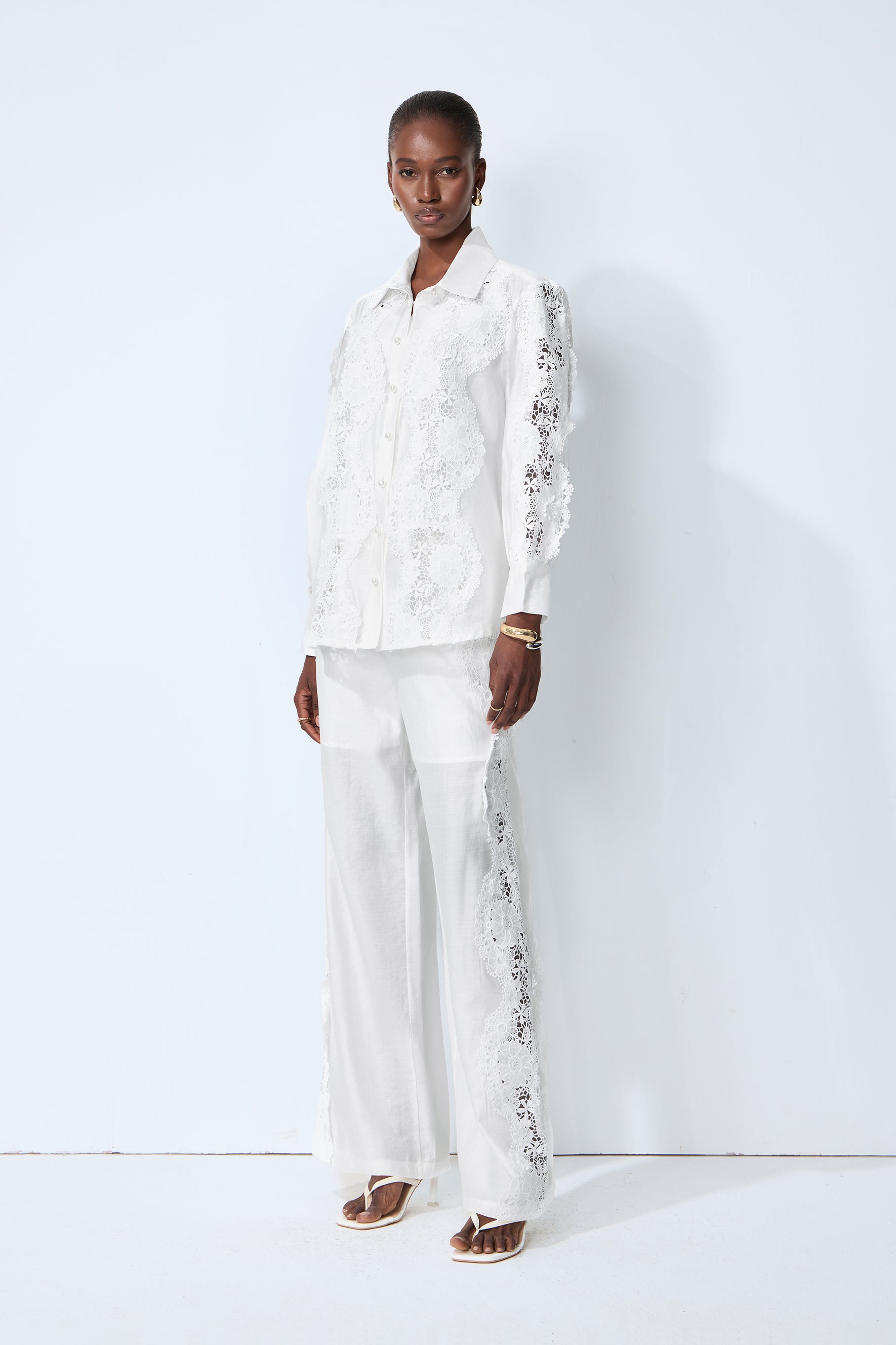 Life Goals White Lace Panel Shirt & Wide Leg Pants Set