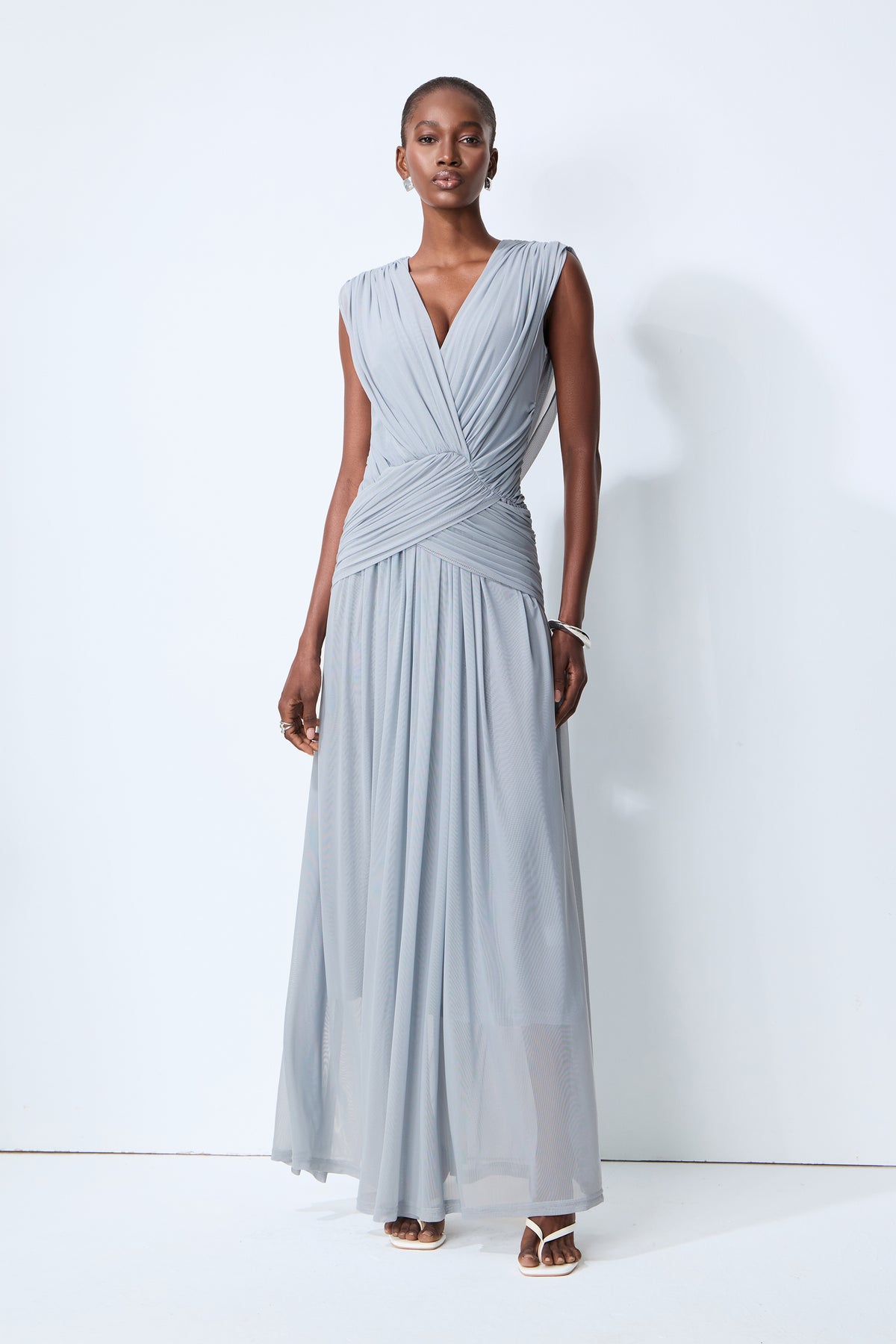 See You Tonight Blue Draped V-Neck Maxi Dress