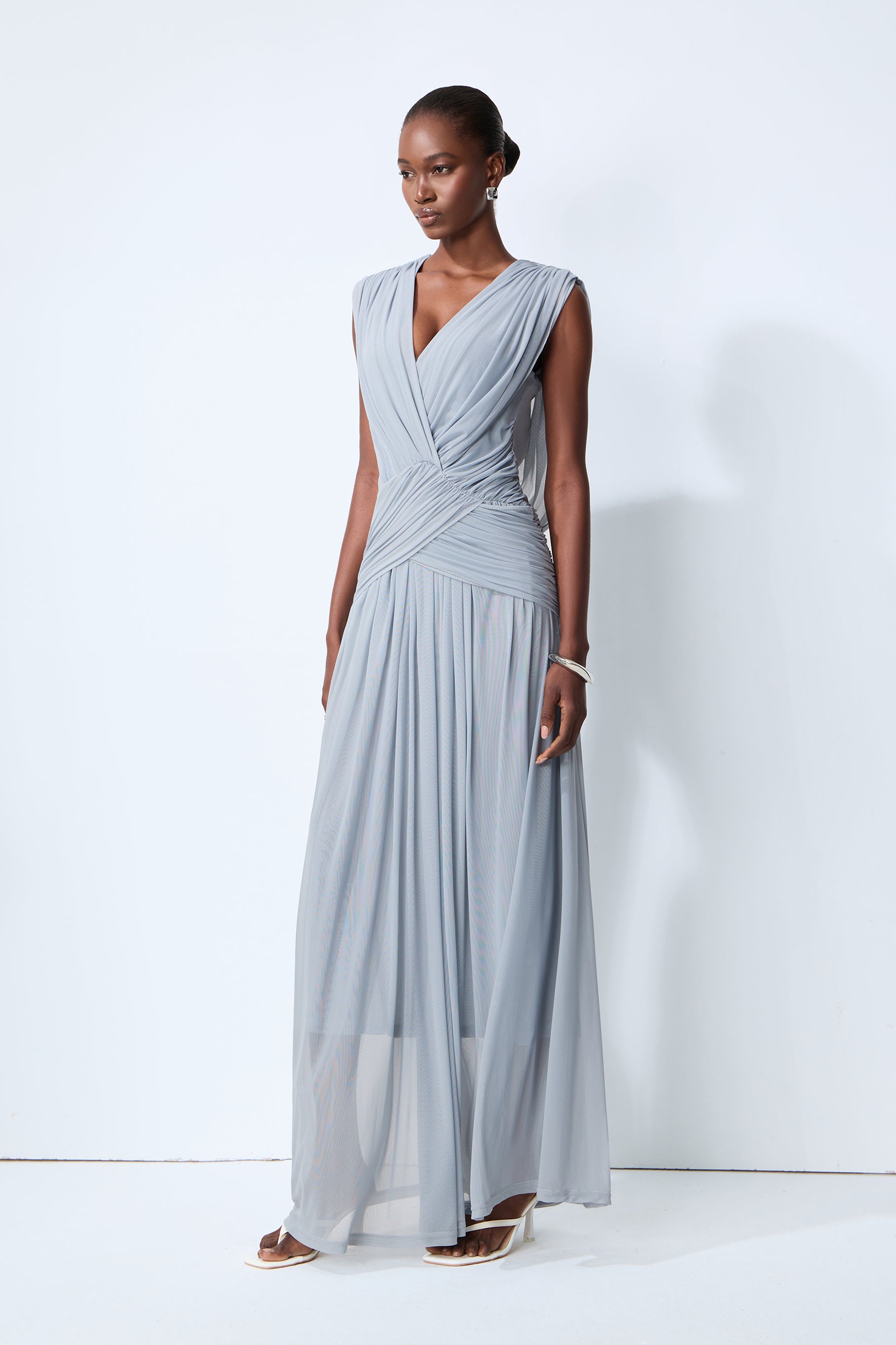 See You Tonight Blue Draped V-Neck Maxi Dress