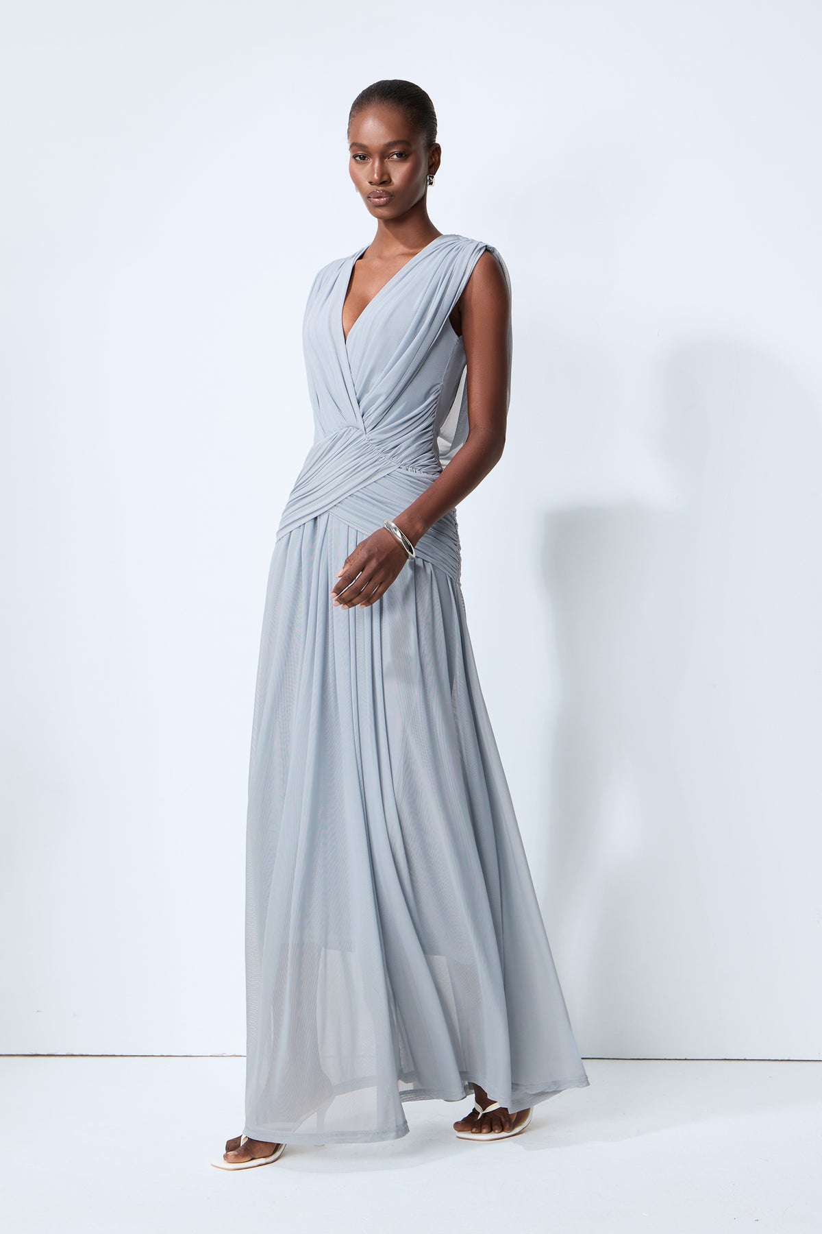 See You Tonight Blue Draped V-Neck Maxi Dress