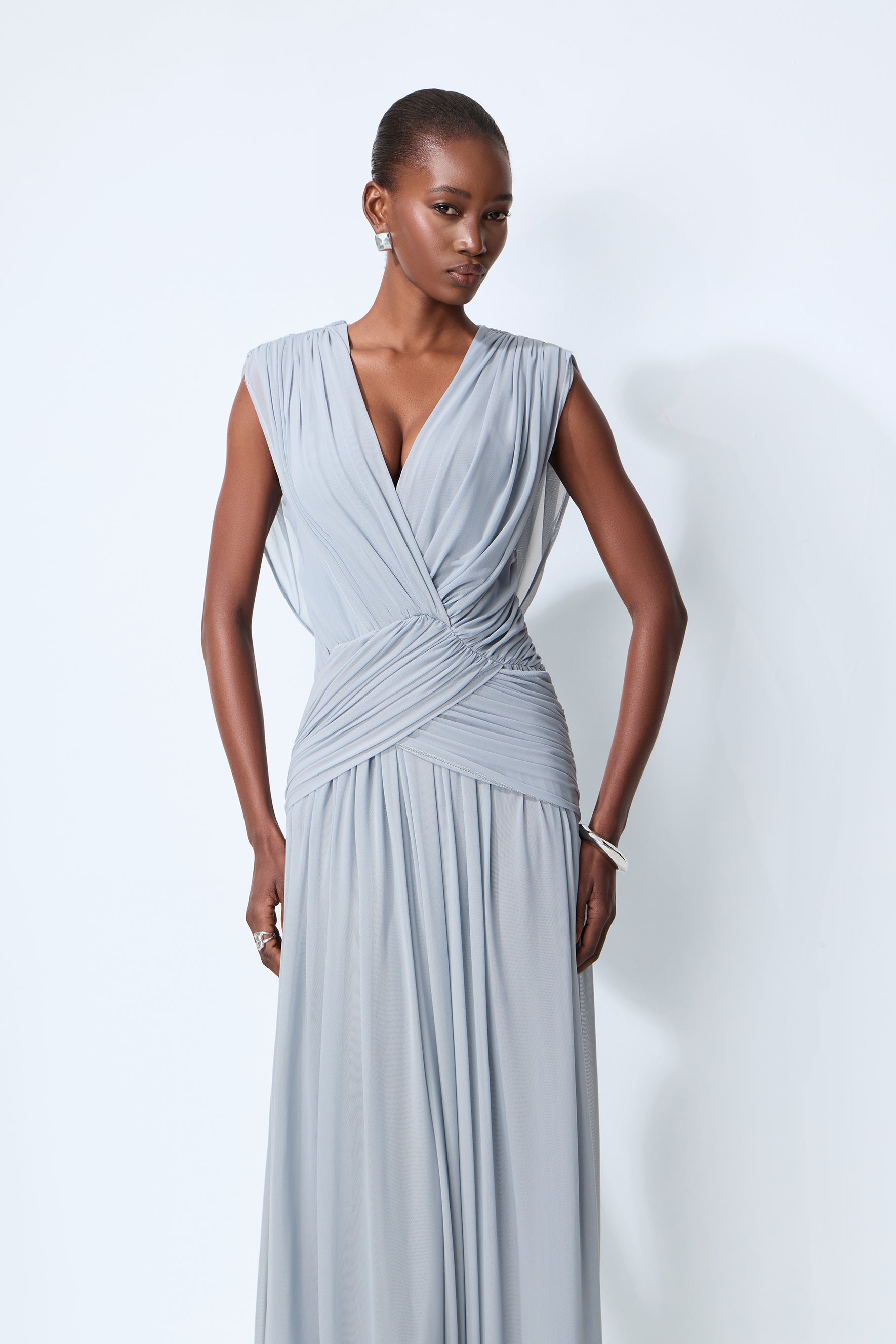 See You Tonight Blue Draped V-Neck Maxi Dress