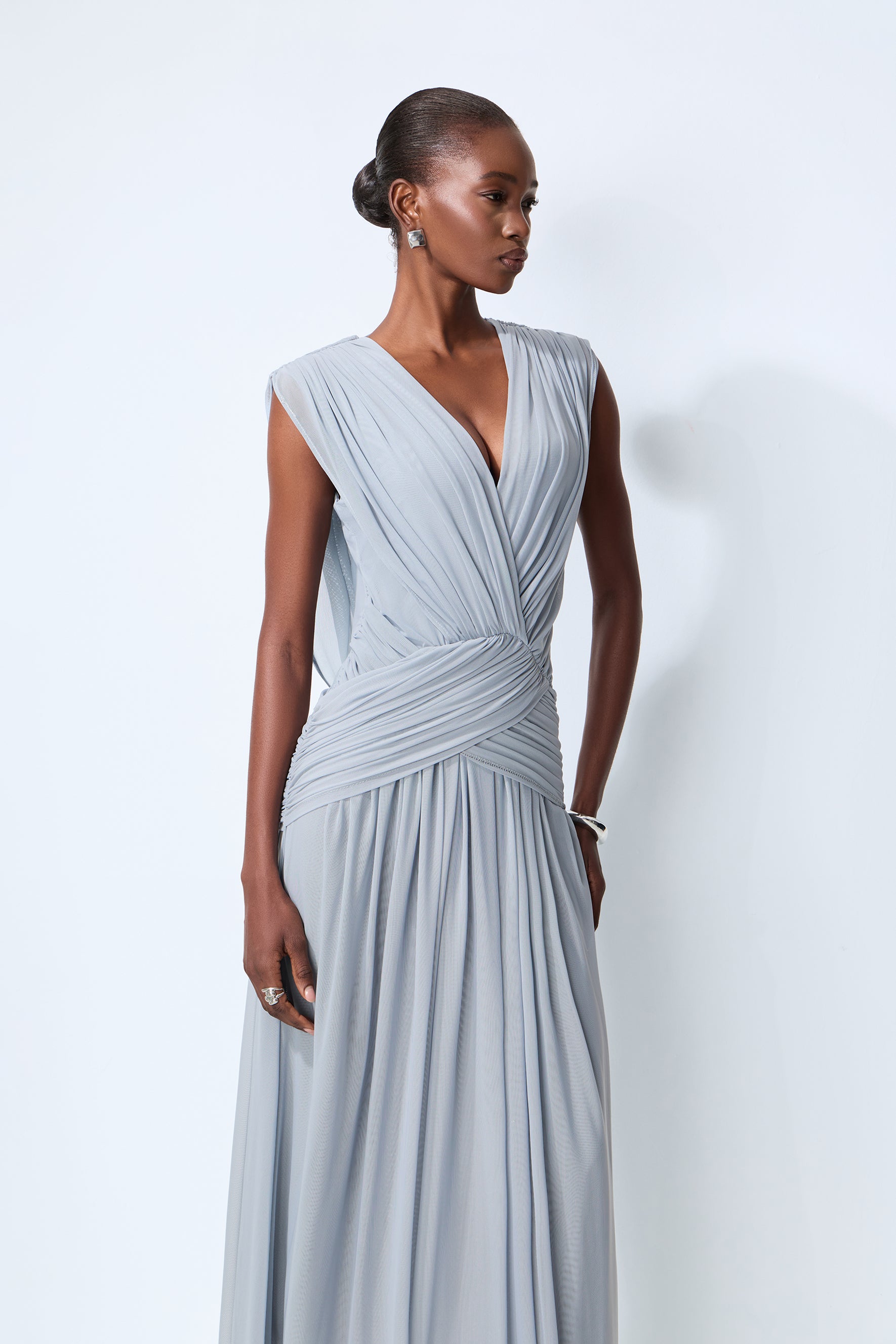 See You Tonight Blue Draped V-Neck Maxi Dress