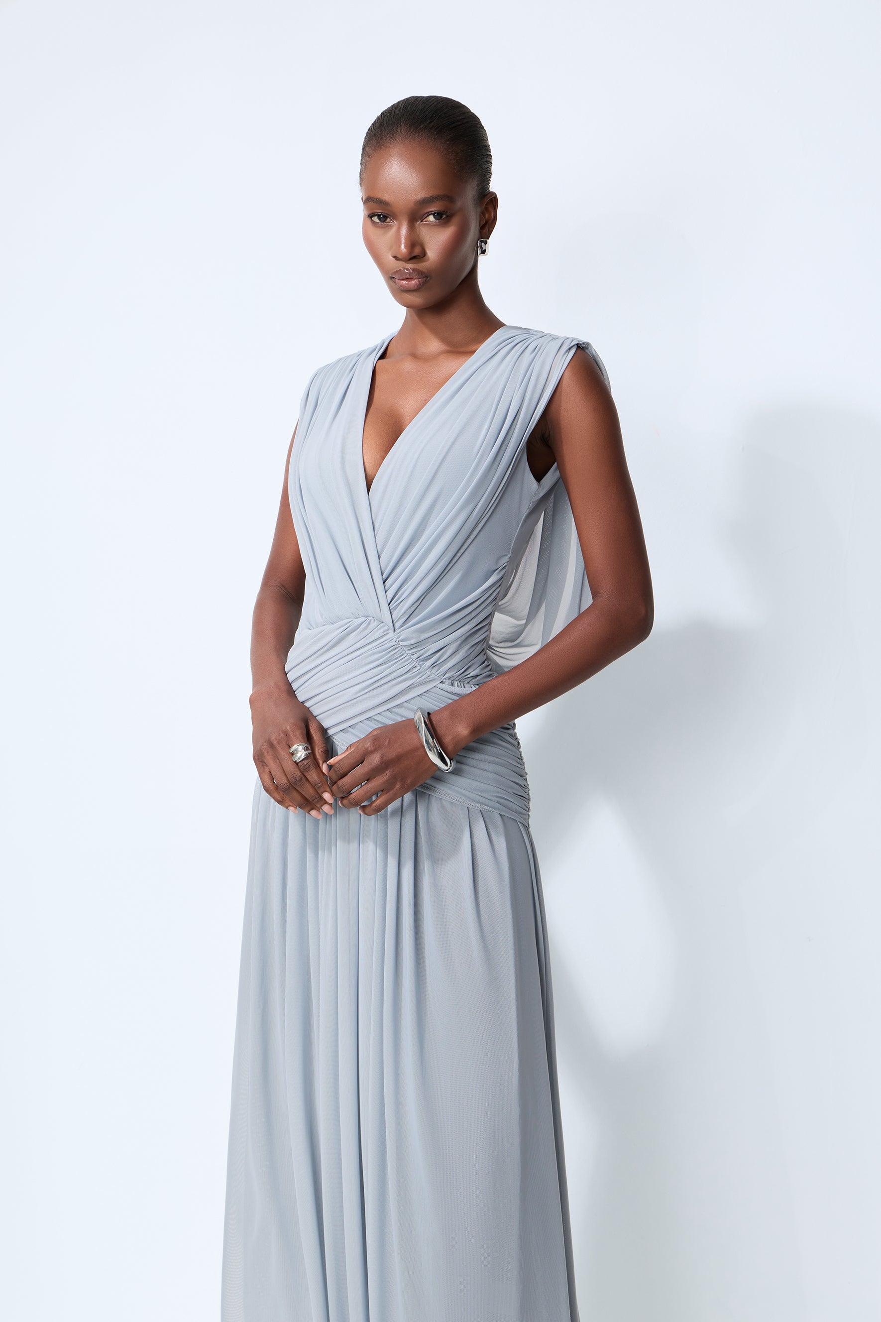 See You Tonight Blue Draped V-Neck Maxi Dress