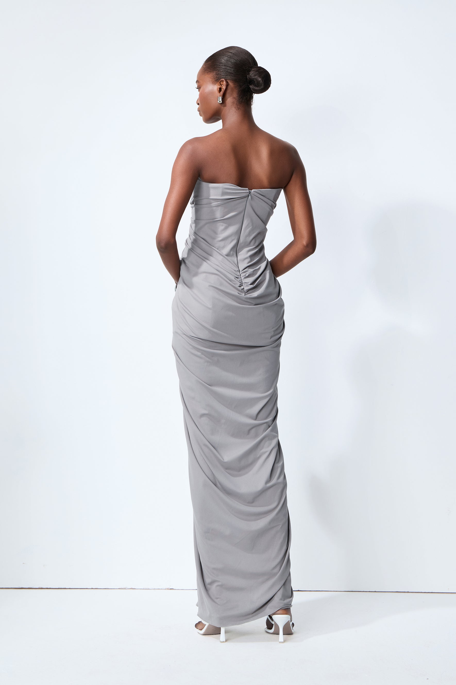 Poised Beauty Gray Strapless Ruched Front Maxi Dress