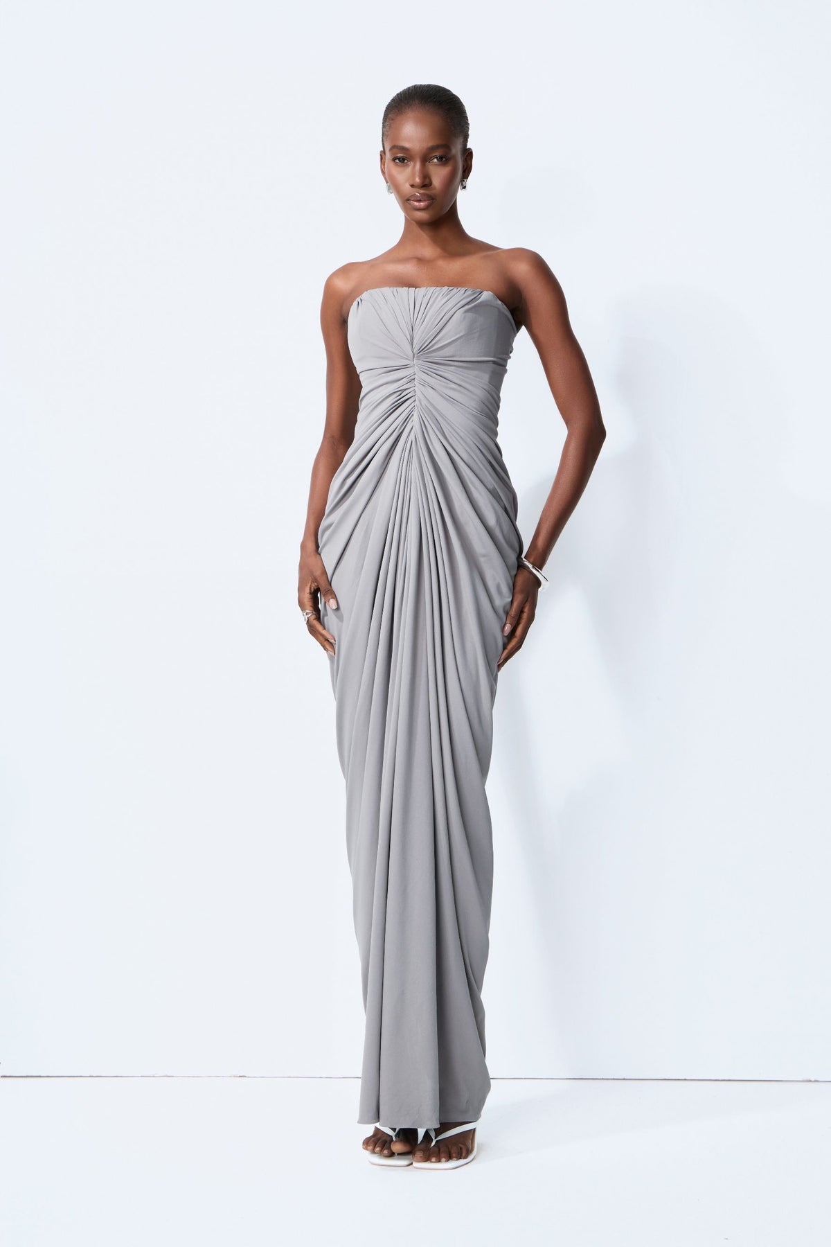 Poised Beauty Gray Strapless Ruched Front Maxi Dress