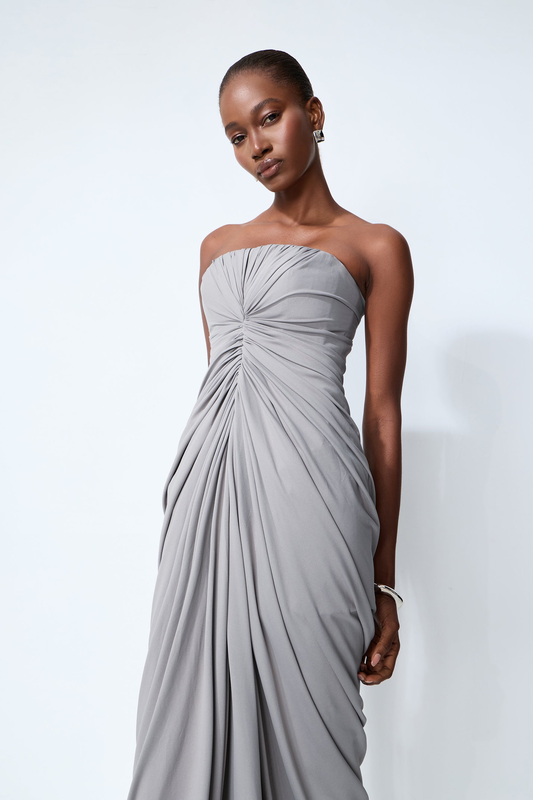 Poised Beauty Gray Strapless Ruched Front Maxi Dress