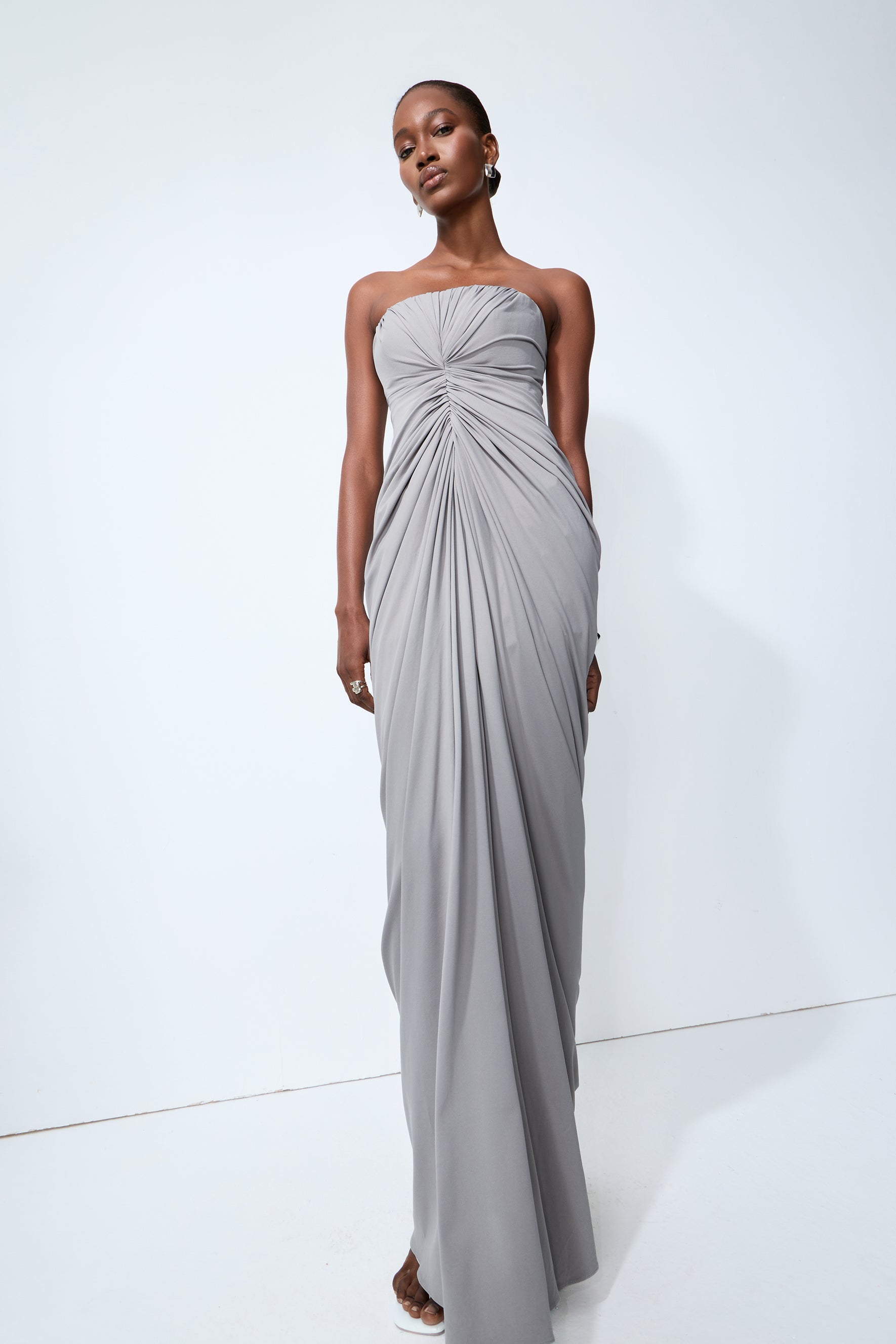 Poised Beauty Gray Strapless Ruched Front Maxi Dress