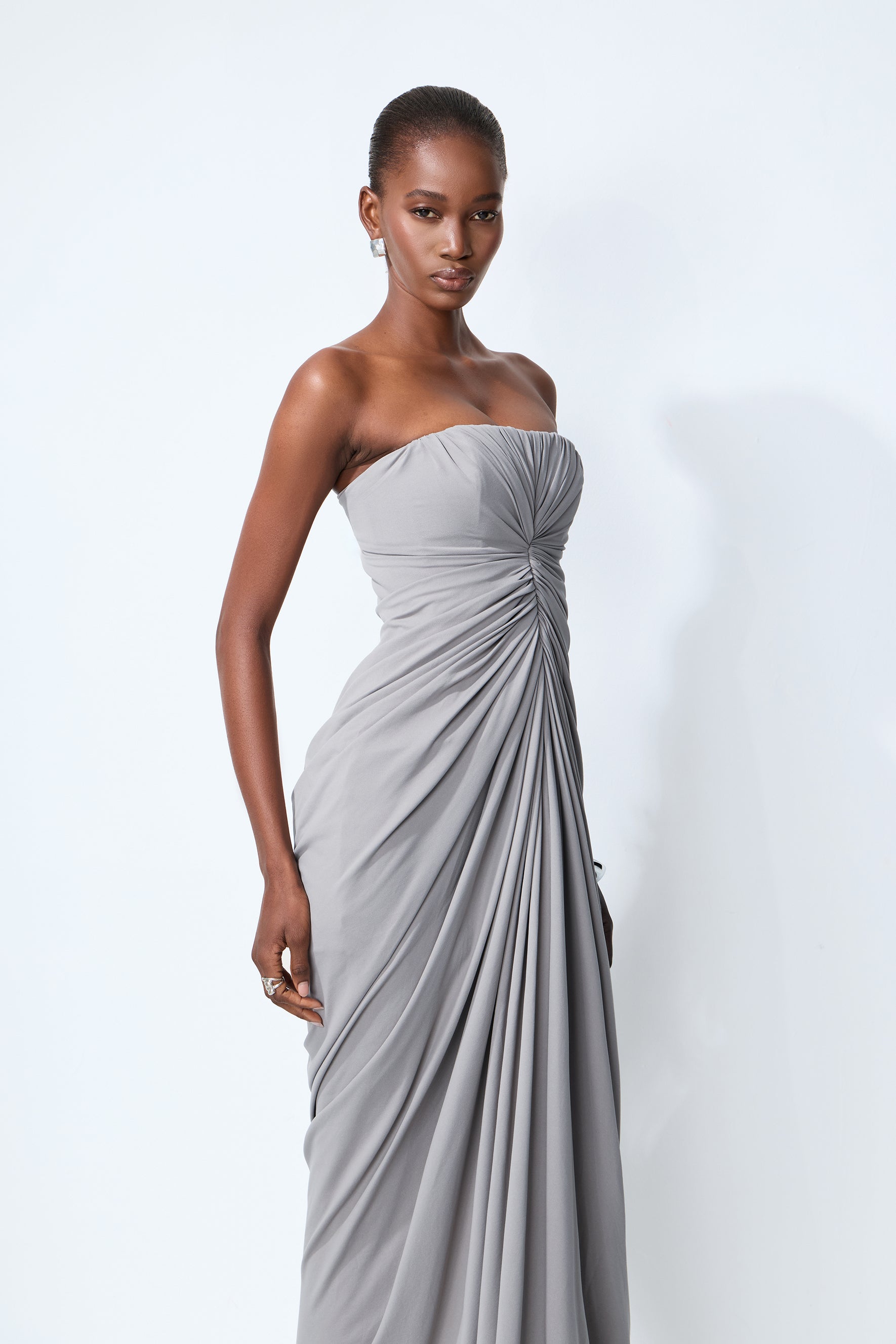 Poised Beauty Gray Strapless Ruched Front Maxi Dress
