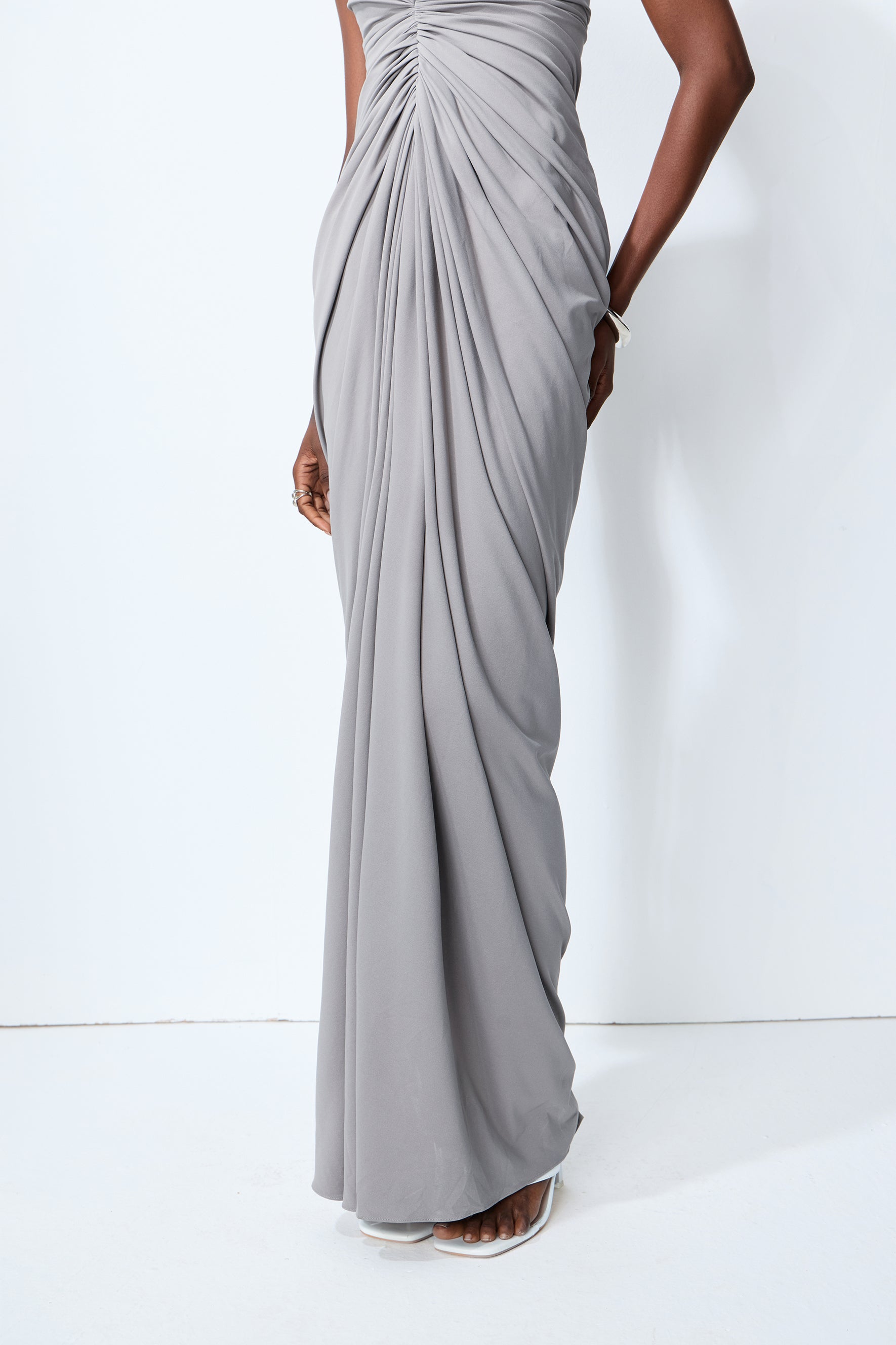 Poised Beauty Gray Strapless Ruched Front Maxi Dress