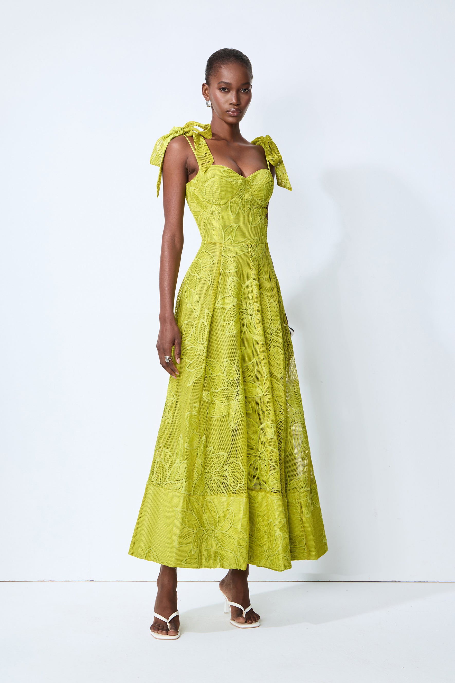 Spring Romance Green Floral Lace Bow Strap Maxi Dress