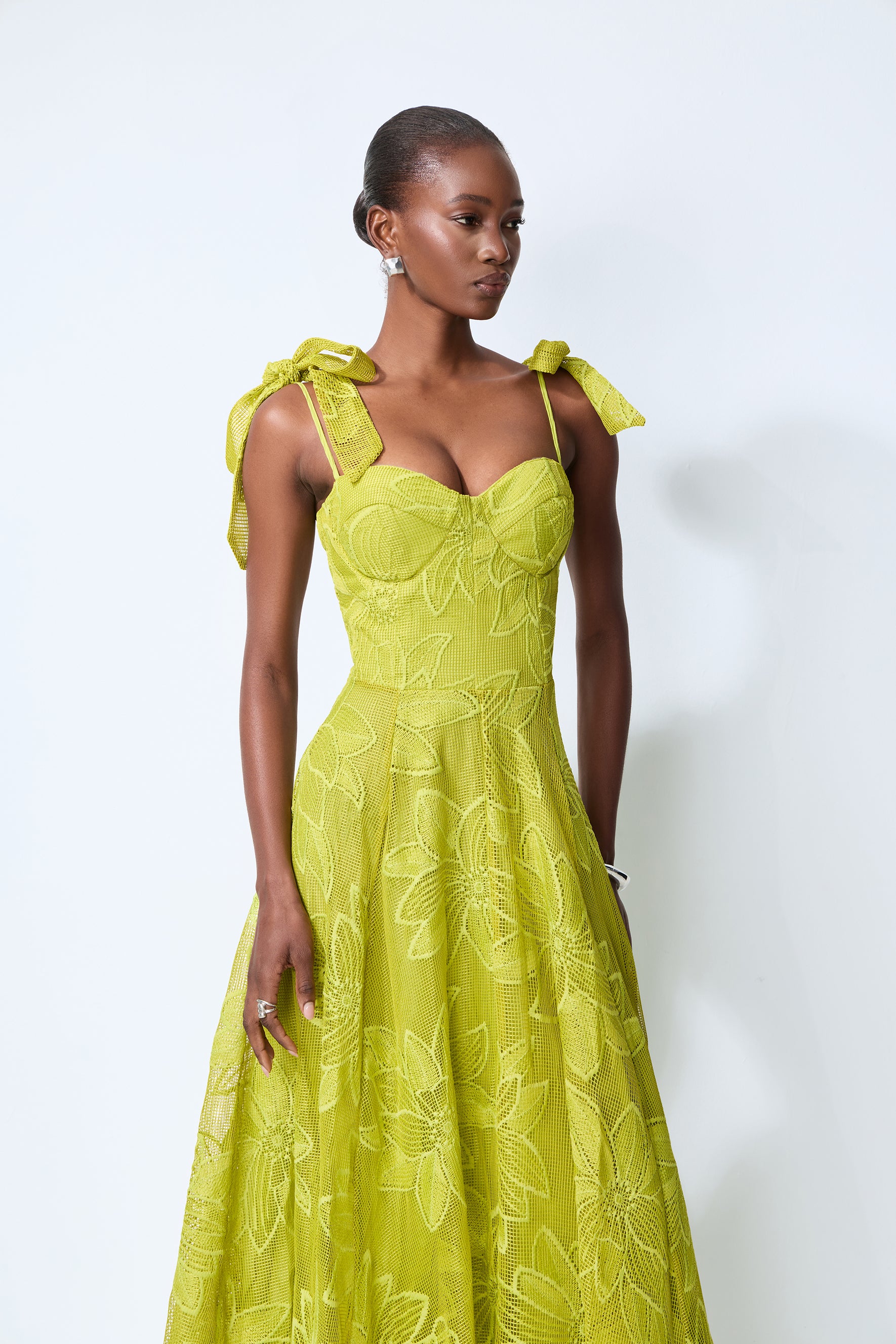 Spring Romance Green Floral Lace Bow Strap Maxi Dress