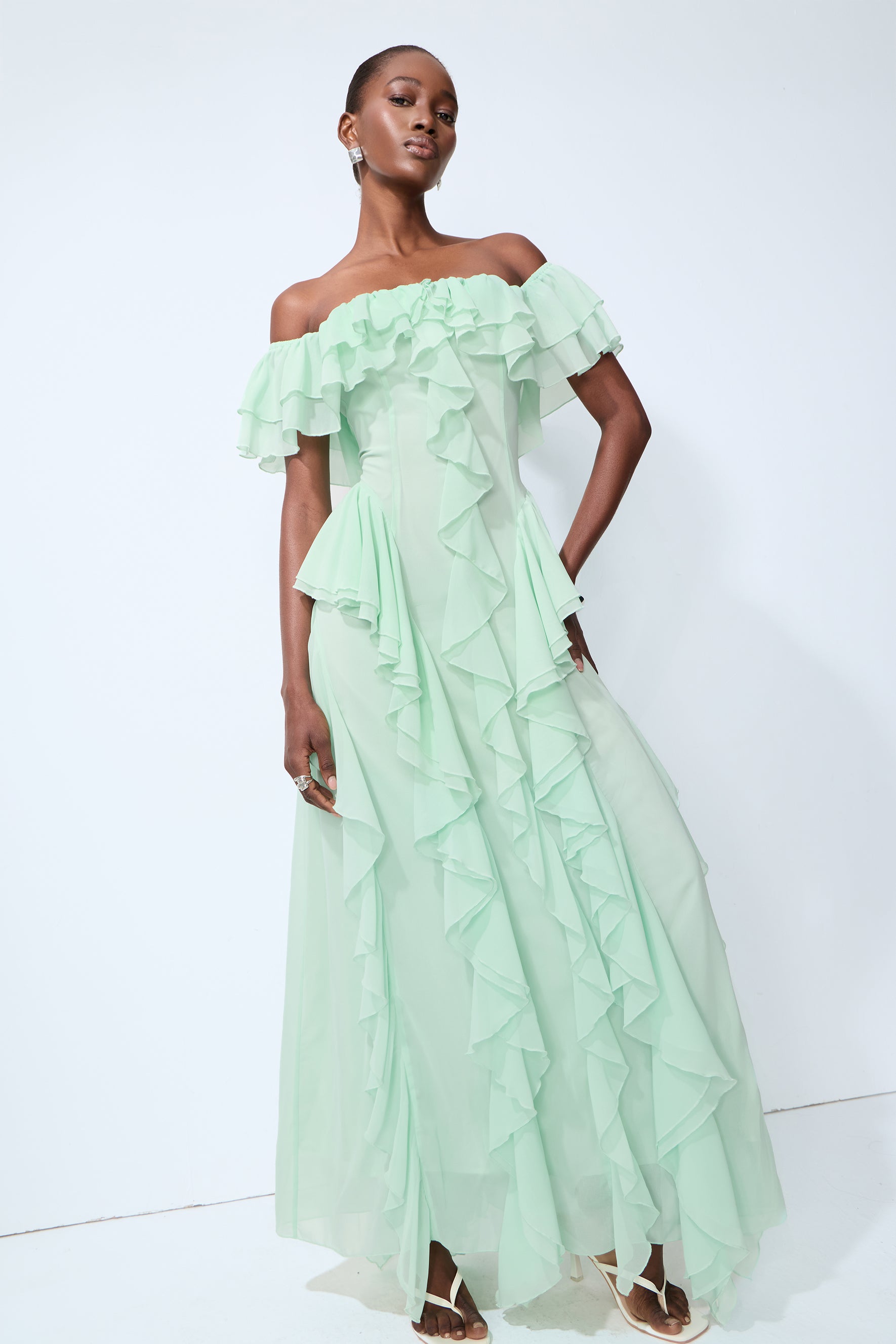 Every Love Song Green Off-The-Shoulder Ruffle Maxi Dress
