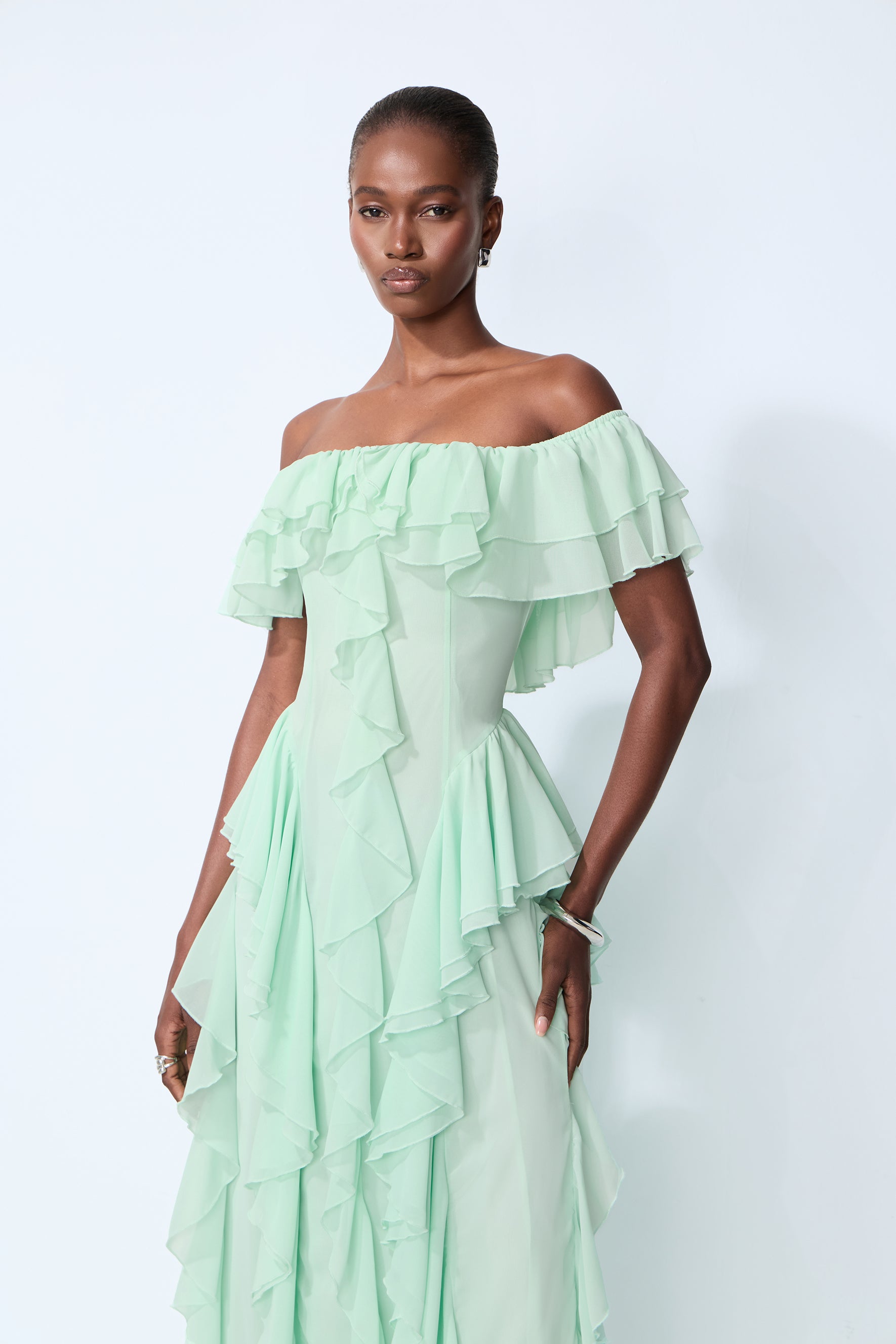 Every Love Song Green Off-The-Shoulder Ruffle Maxi Dress