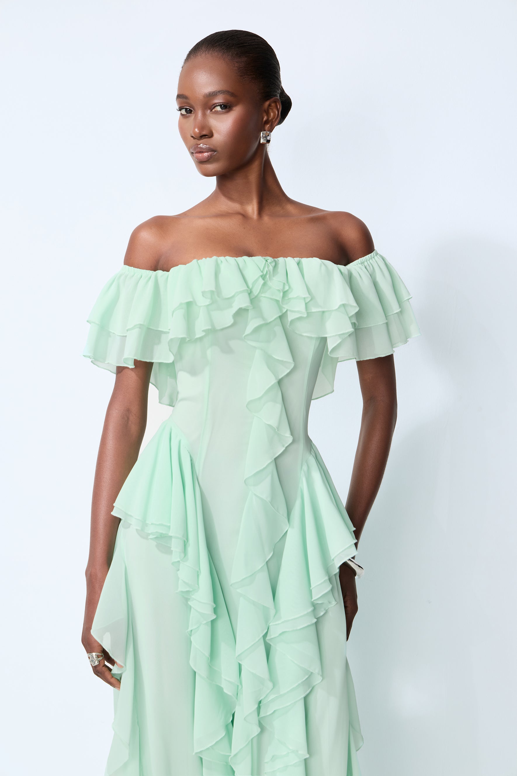 Every Love Song Green Off-The-Shoulder Ruffle Maxi Dress