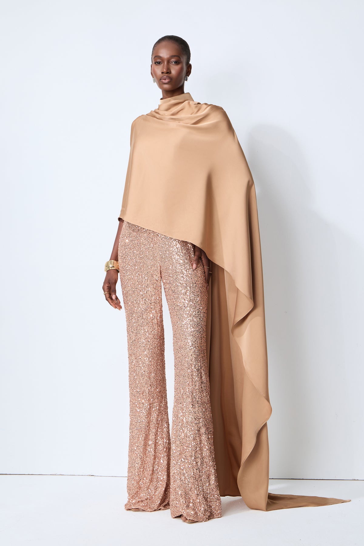 Immaculate Chicness Khaki Satin Cape Top & Sequin Pants Set