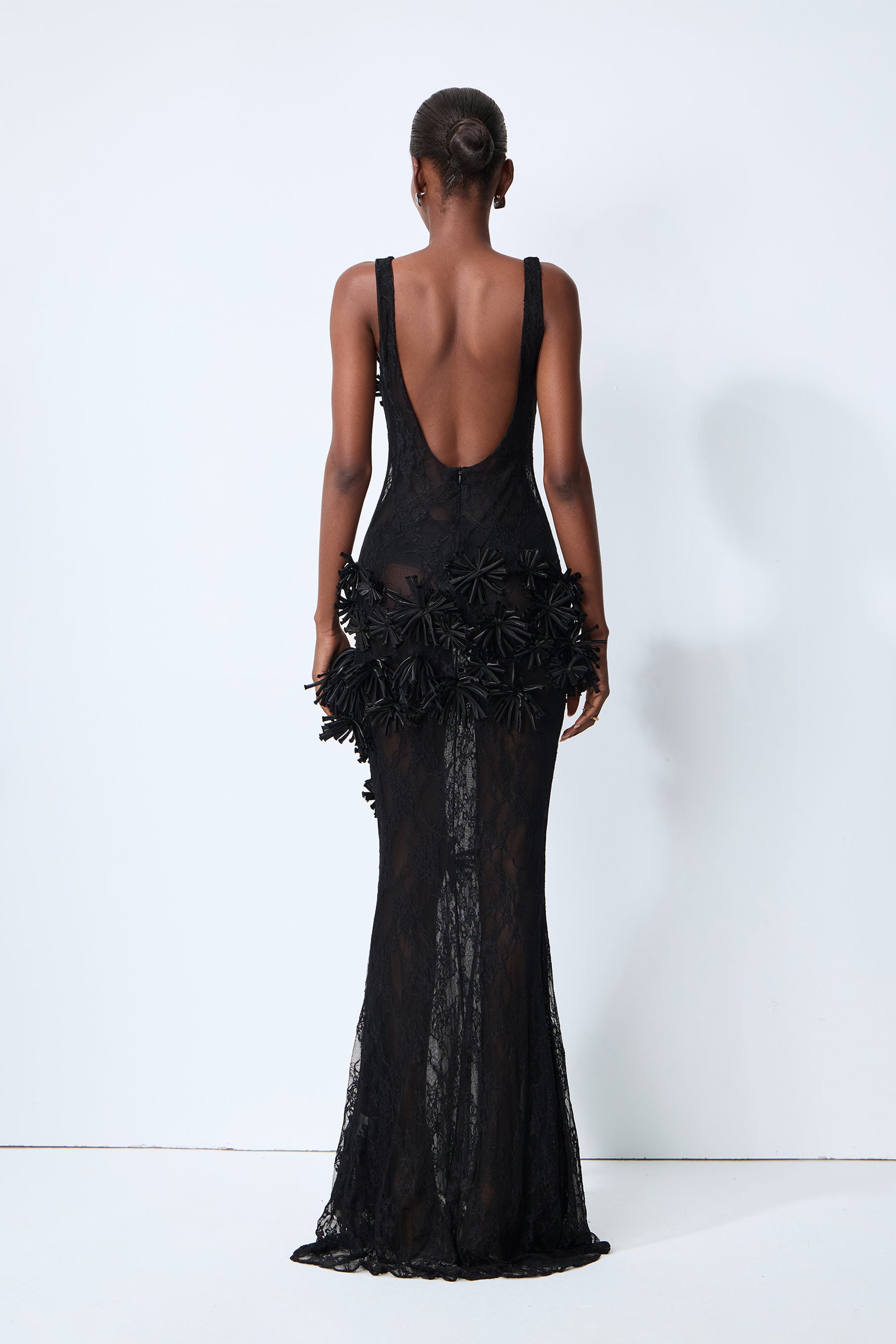 Midnight Desire Black Sheer Lace Floral Applique Maxi Dress
