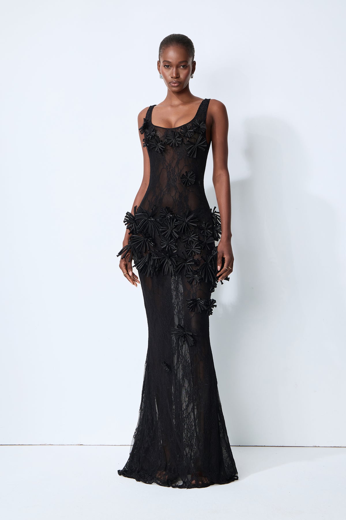 Midnight Desire Black Sheer Lace Floral Applique Maxi Dress
