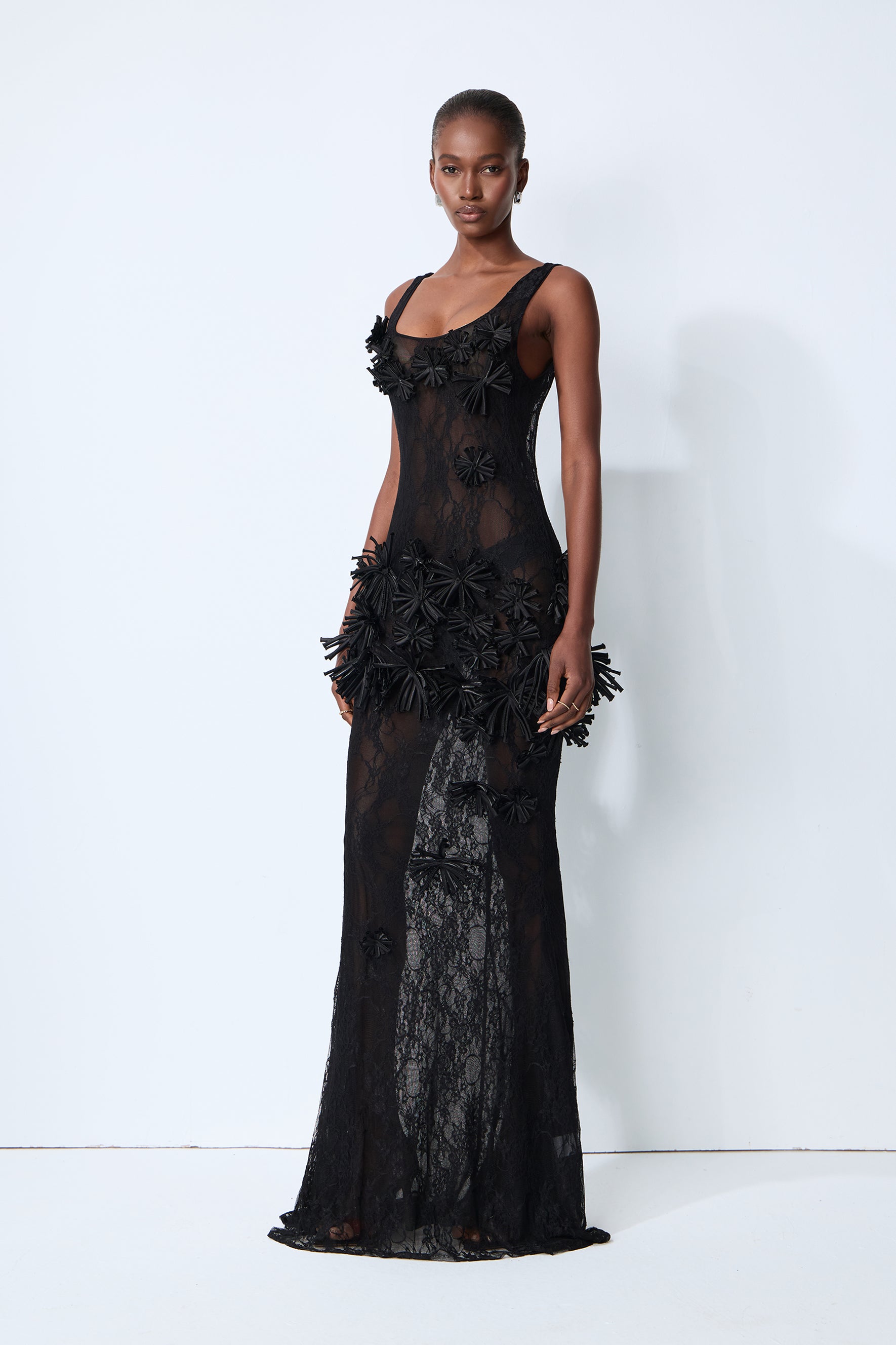 Midnight Desire Black Sheer Lace Floral Applique Maxi Dress