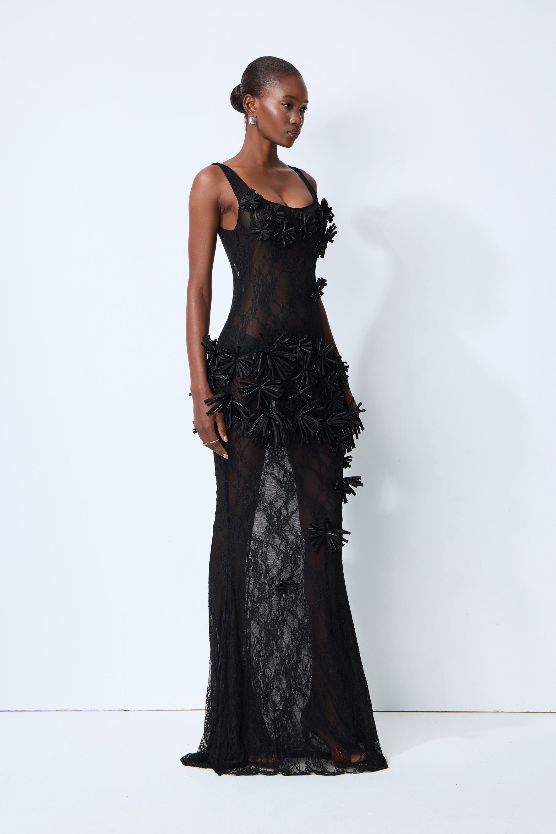 Midnight Desire Black Sheer Lace Floral Applique Maxi Dress